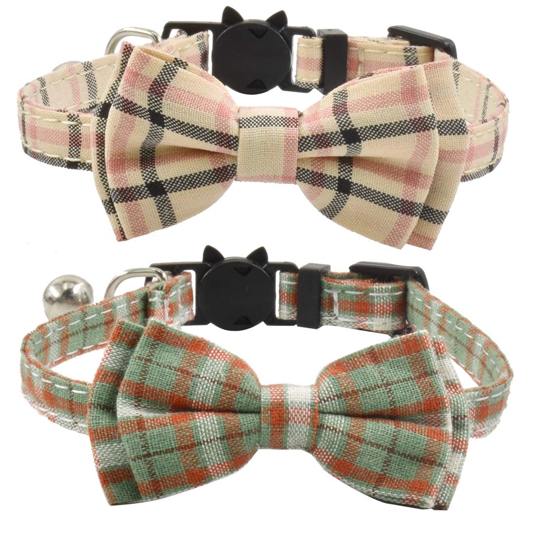 XPangle Bowtie Cat Breakaway Collar with Bell, Cute Plaid Kitty Collars Adjustable Kitten Collar Safety Buckle7.5-11.4 in (Green Pink Lattice)
