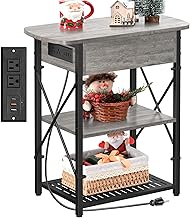 Livofloral Narrow End Table with Charging Station, Grey Side Table with 3 USB Ports and 2 AC Outlets, Flip Top End Table with Storage, Bedside Table with Drawer, Side Tables Living Room, Bedroom