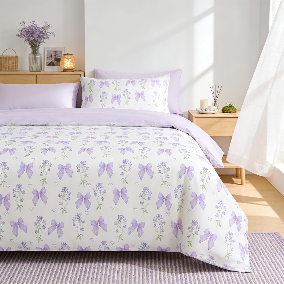 Purple Bow Comforter Set Queen 100% Cotton Bedding Set for Girls, Cute Bowknot Floral Design, 1 Soft Breathable Cotton Comforter Sets with 2 Pillowcases
