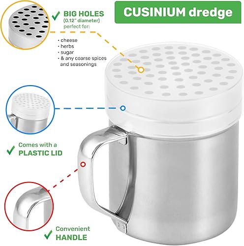 Miniatura 3 de CUSINIUM Cocteleras de queso parmesano de metal de 10 onzas con agujeros grandes, con asa, dispensadores de hojuelas de chile, cocteleras de pizza,