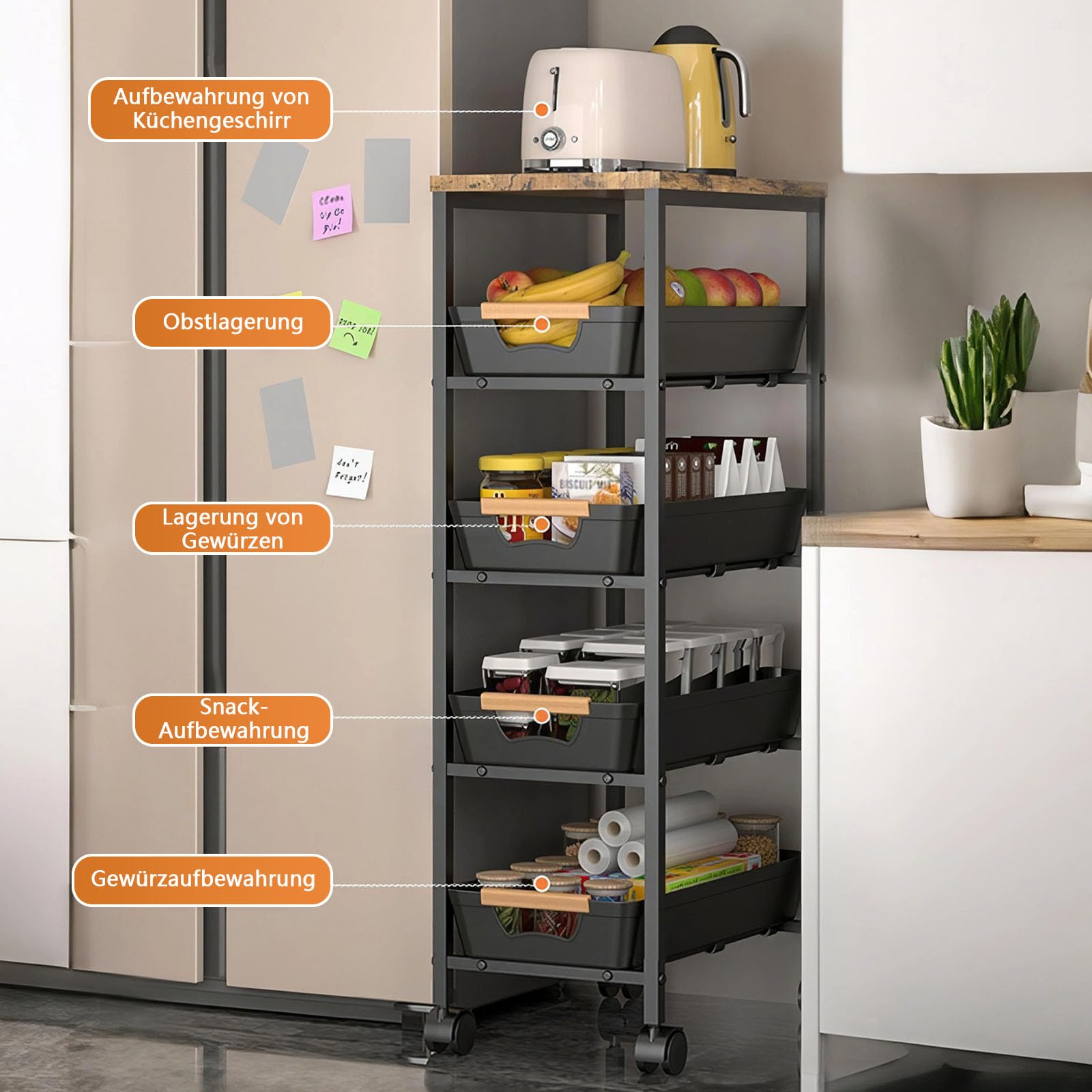 Carro de cocina con ruedas, 5 niveles, estrecho, con cajones extraíbles, ruedas giratorias de metal con freno de 360°, para espacios pequeños, cocina, baño, salón, estudio, color negro