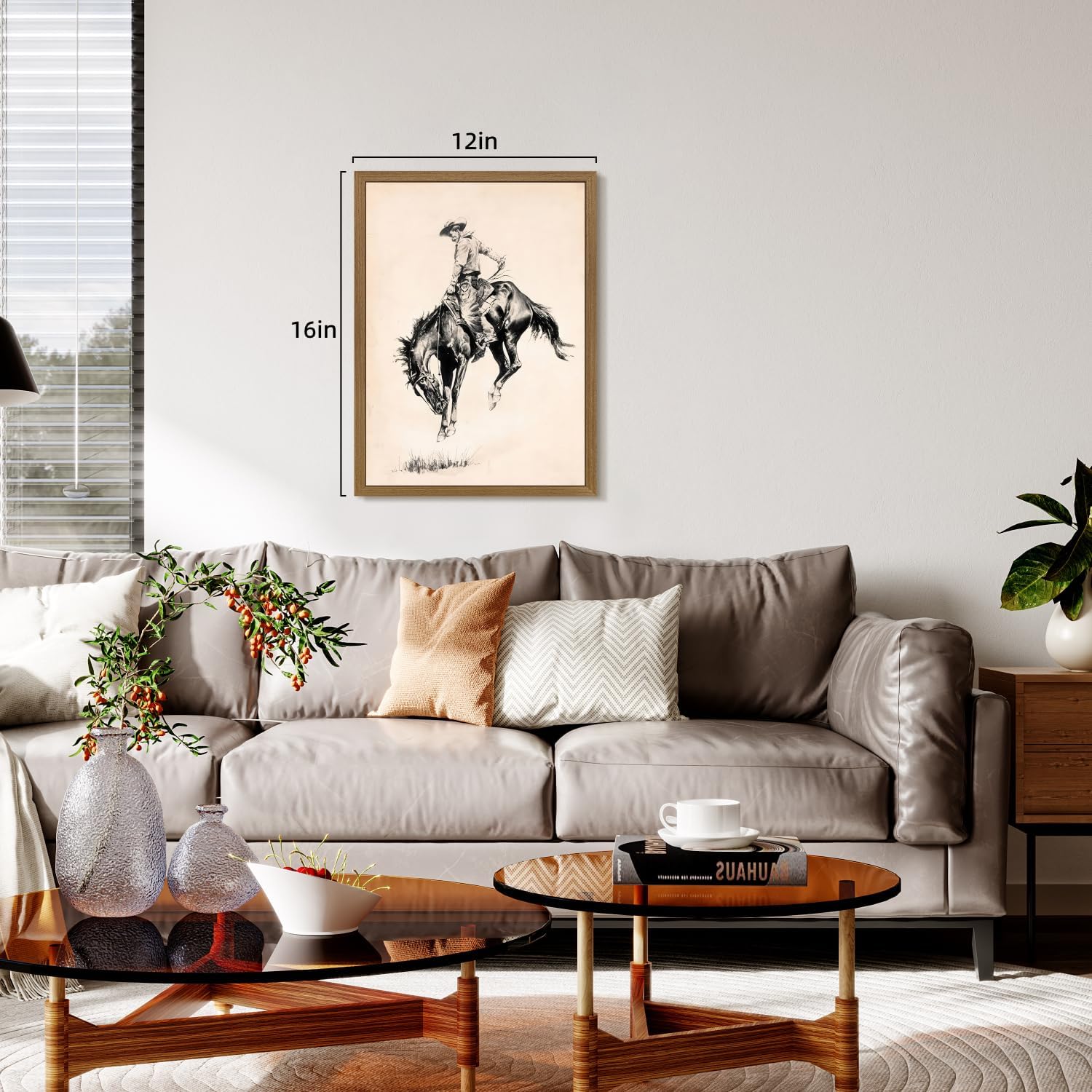 LERVR Wood Framed Western Cowboy Wall Art, Vintage Rodeo Cowboy Horse Poster Print, Southwestern Rustic Horse Wall Decor, Retro Western Ranch Artwork for Living Room Bedroom 12x16 Inch