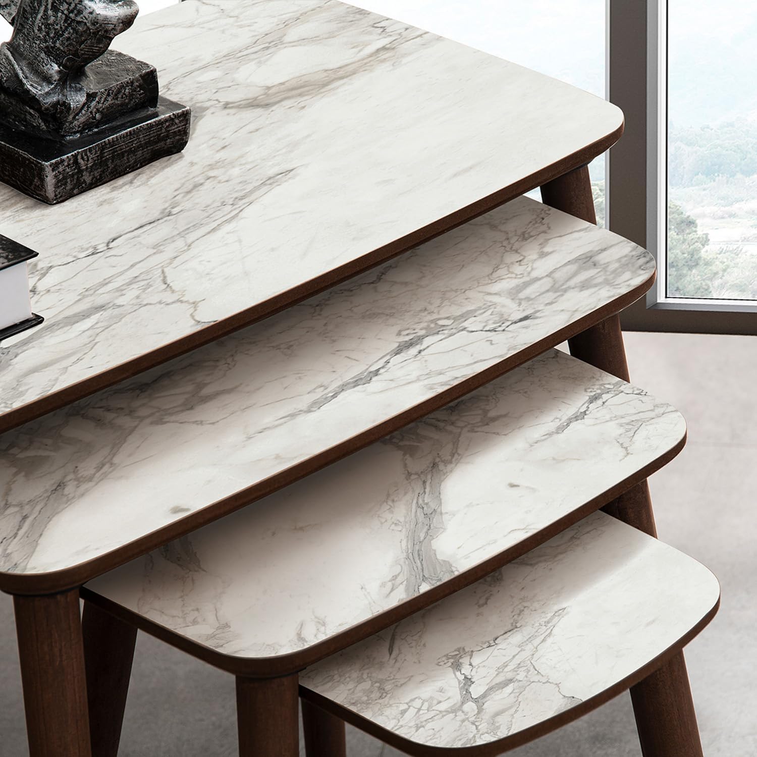 LUCI MDF Wooden Nesting Table Set of 4 - White Marble Patterned
