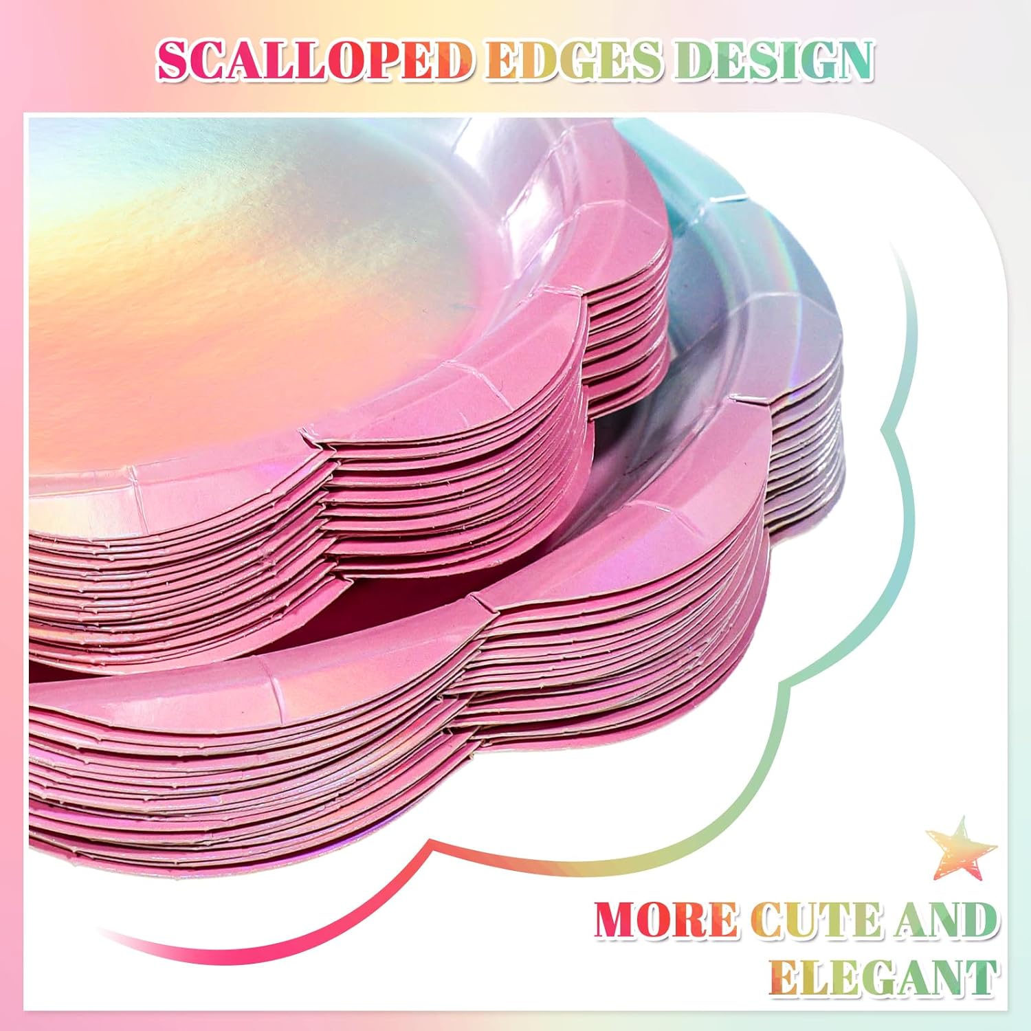 200 Pcs Iridescent Pastel Party Supplies Decorations, 25 Guest Scalloped Iridescent Pastel Plates and Napkins, Holographic Rainbow Plates Cups Napkins Straw Silverware for Girls Birthday - Image 2