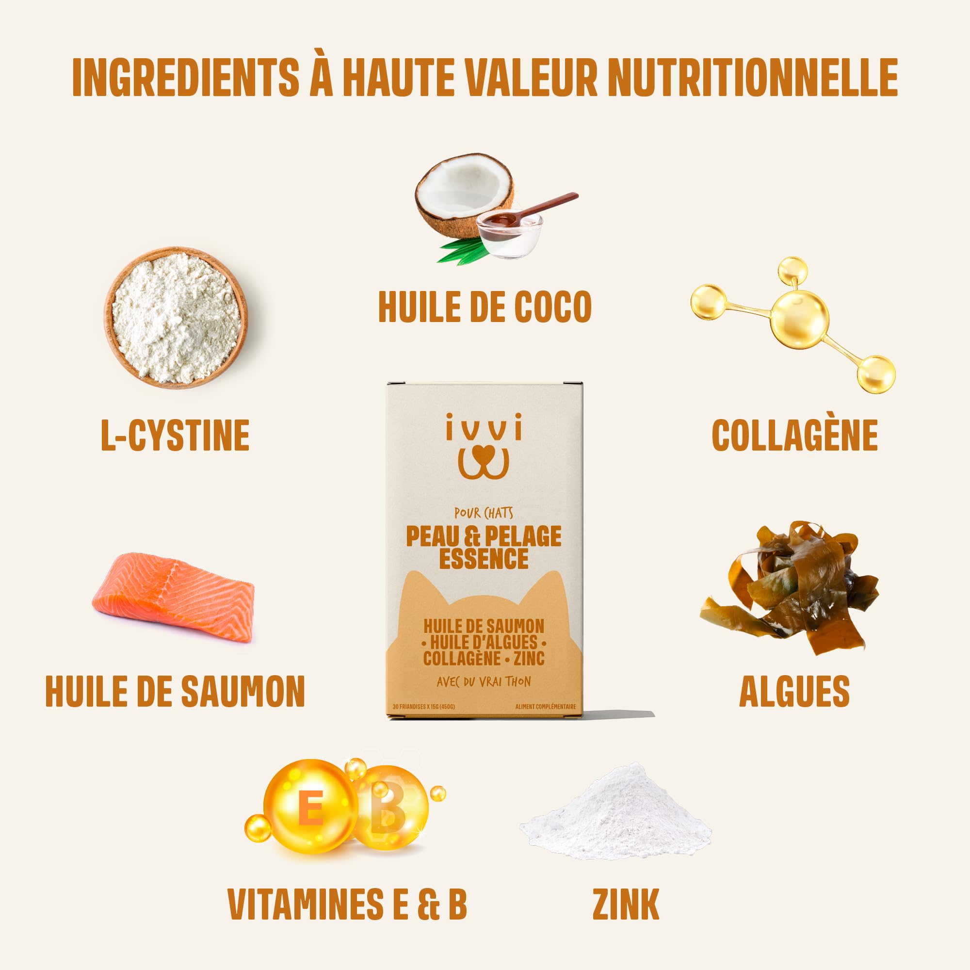 ivvi Peau & Pelage Essence pour Chats – Crème à Lécher avec Huile de Saumon, Huile d’Algue, Zinc & Collagène – Soutien Peau et Pelage – 30x15g – au Vrai Thon