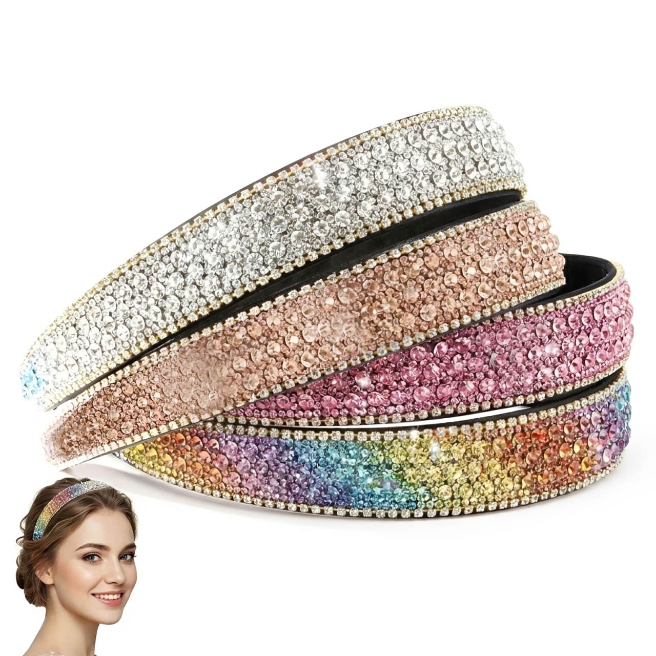 Rhinestone Headband, Sparkly Headbands for Women, 4 Pcs Fashion Hair Accessories for Formal Occasions and Birthday Gifts, Colorful Rhinestone Headbands for Party and Daily Wear