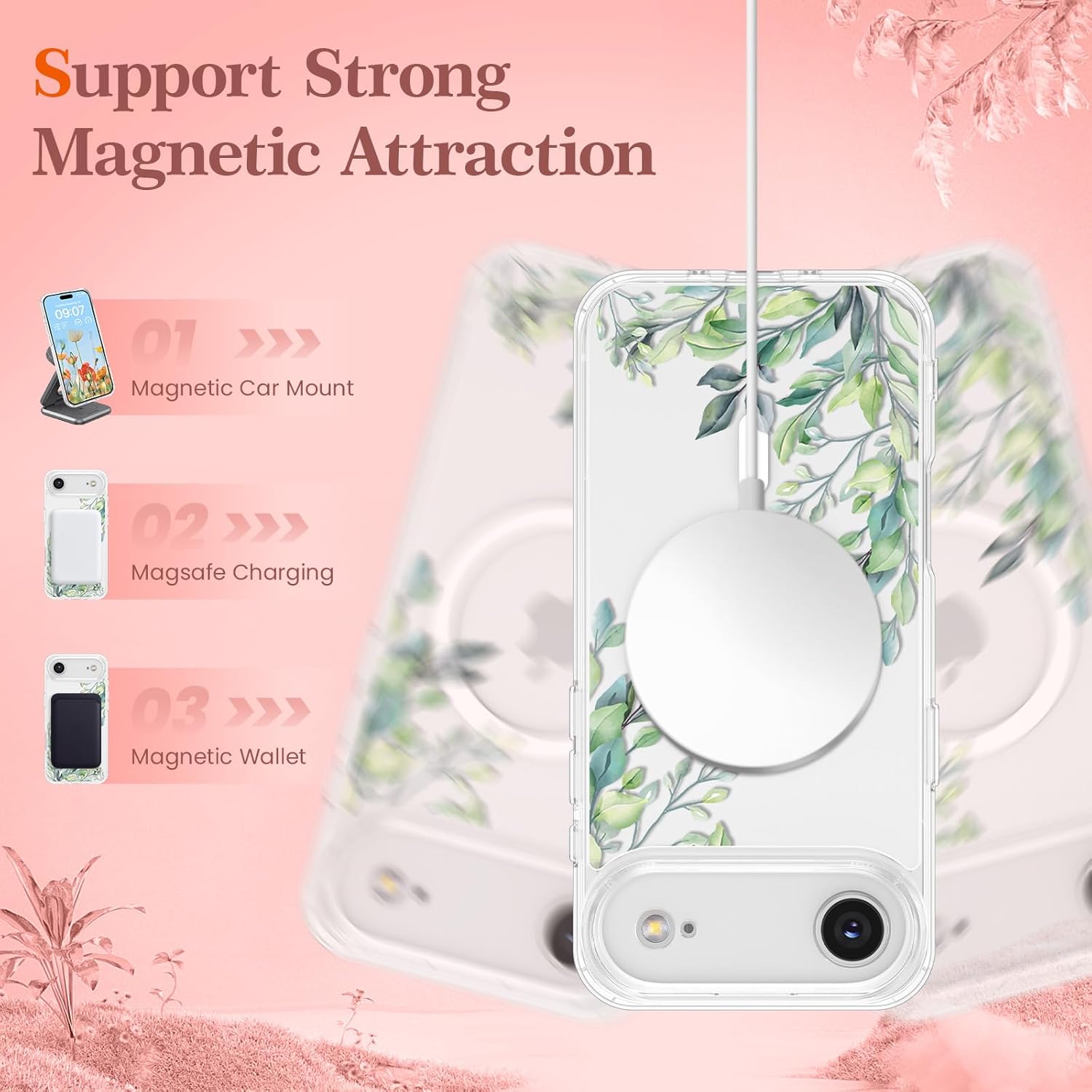 RALEAVO for iPhone Air Case Compatible with MagSafe Clear Floral Cover with Green Leaves Pattern for Girls Women Slim Cute Hard Back Shockproof Phone Case for iPhone Air,Transparent - Image 5