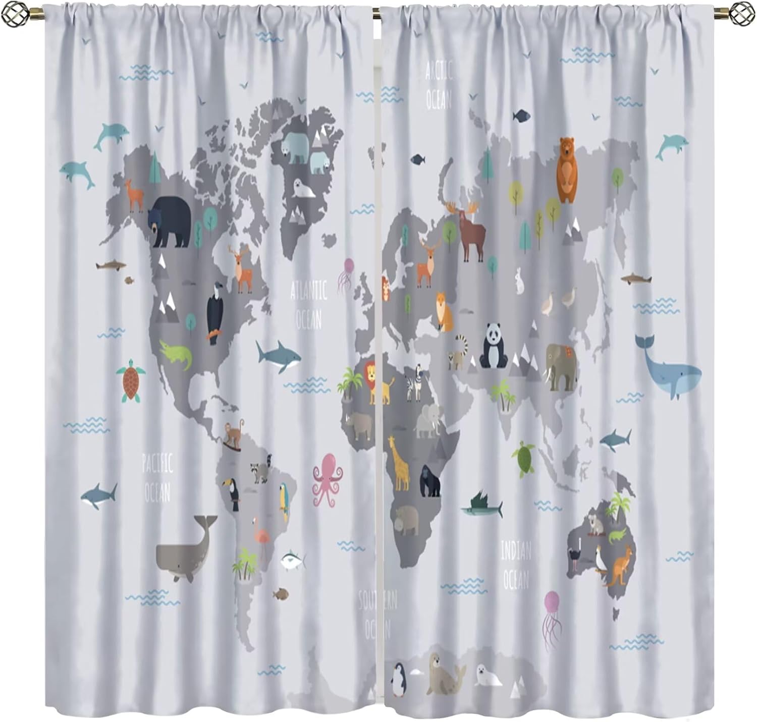 World Map Curtains, Cartoon Colorful Animal Fun Geography Educational Map Print Rod Pocket Window Treatments Drapes for Boys Girls Bedroom Nursery Set 2 Panels,63x63 Inches, Style-6