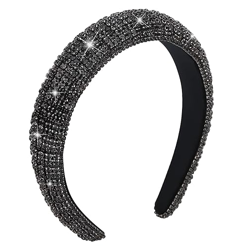 Wecoe 1 diadema negra con diamantes de imitación para mujeres y niñas, diadema gruesa acolchada con purpurina brillante brillante diadema de moda