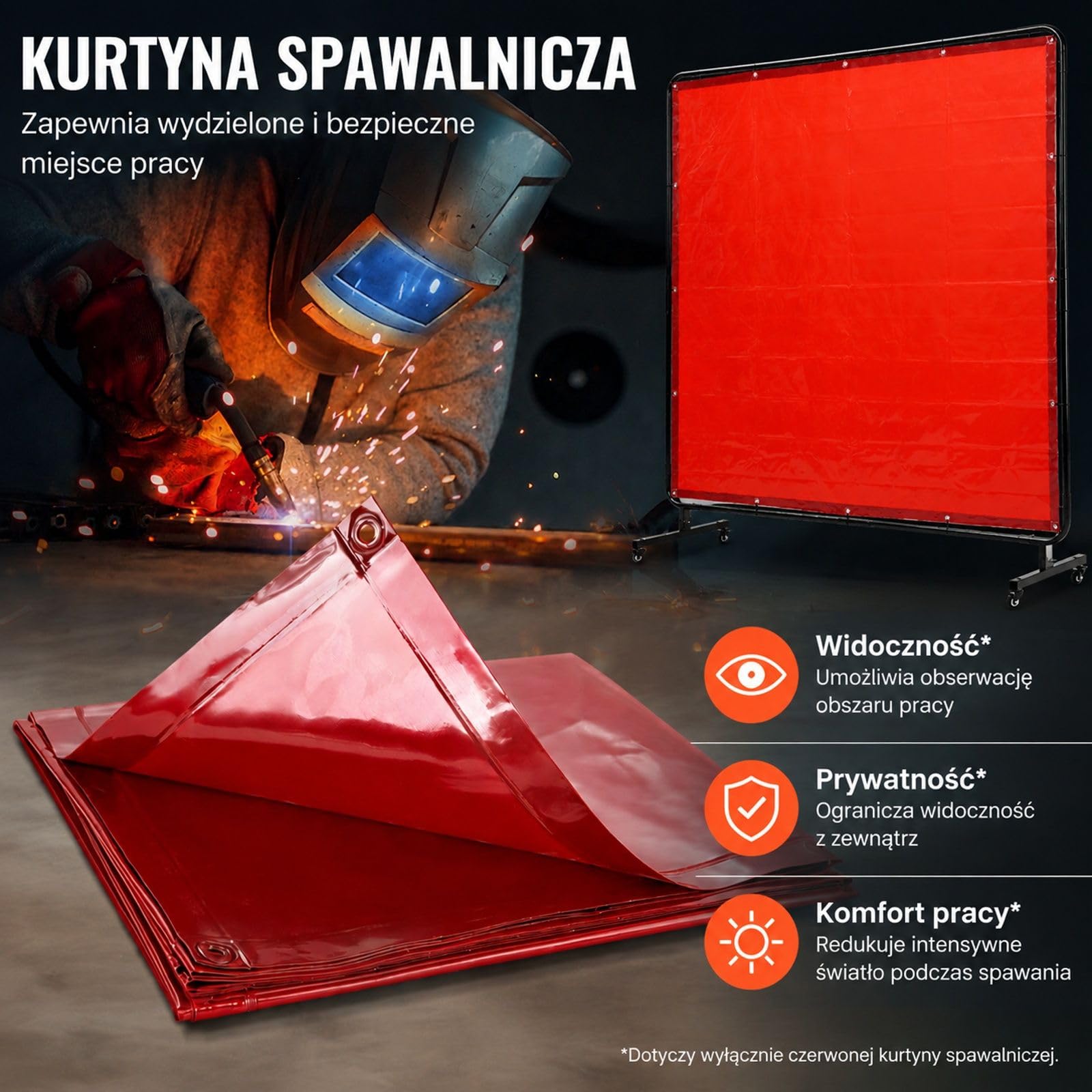 Kurtyna spawalnicza z ramą, czerwony ekran winylowy na 4 kółkach obrotowych do stanowisk warsztatowych, 8 segmentów