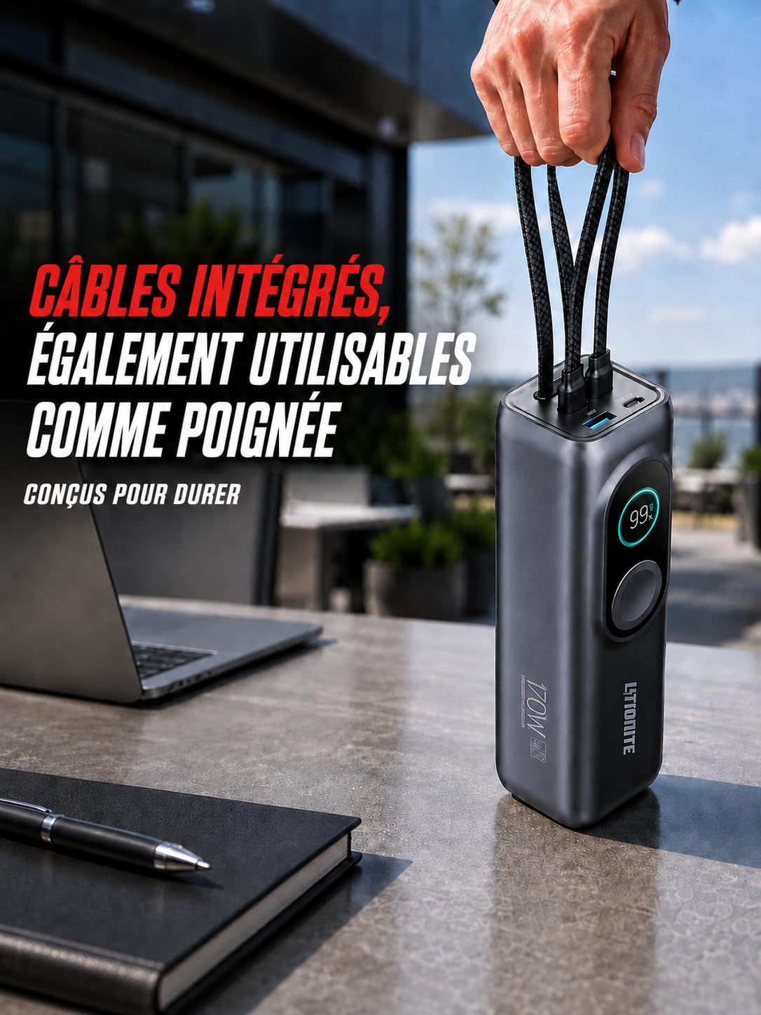 LITIONITE Numo Batterie Externe 25000 mAh 170W, 2 Câbles USB-C Intégrés 100W, Recharge Magnétique Compatible Apple Watch, Power Bank pour PC Portable, MacBook, iPhone, iPad et Nintendo Switch
