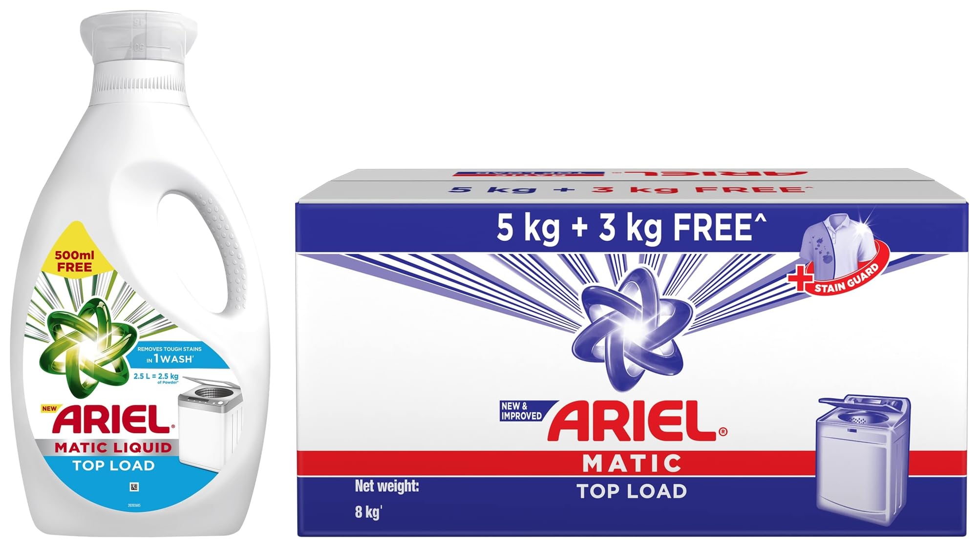 Ariel Matic Top Load Detergent Washing Powder - 5kg plus 3kg & Ariel Matic Liquid Detergent Top Load 2 Ltr + 500 MilliLitre Free
