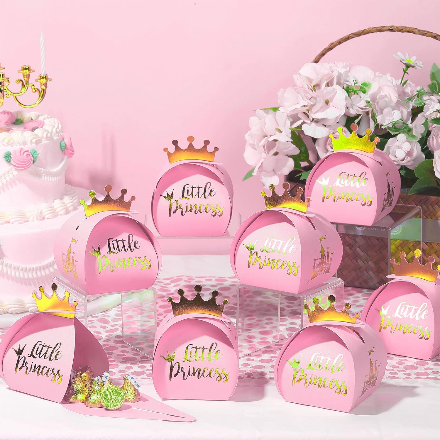 TaoBary 36 Pack Pink Little Princess Candy Boxes Printed Gold Castle and Crown Baby Shower Favors Goodie Treat Boxes Charming Princess Birthday Party Favor for Baby Girls Party Favors Supplies