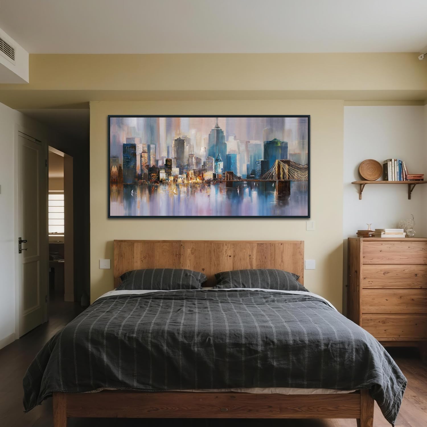 Anolyfi Black Framed Large Abstract CityScapes Canvas Wall art for Men Room, Textured Painting Artwork for Living Room Hallway Bedroom Kitchen Office Home Decor, Framed Black 58"x29"