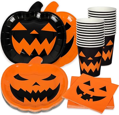 AnyDesign - Juego de vajilla para fiesta de Halloween, platos de papel con temática de calabaza naranja y negra, tazas, servilletas, vajilla disponible en Yaxa Peru