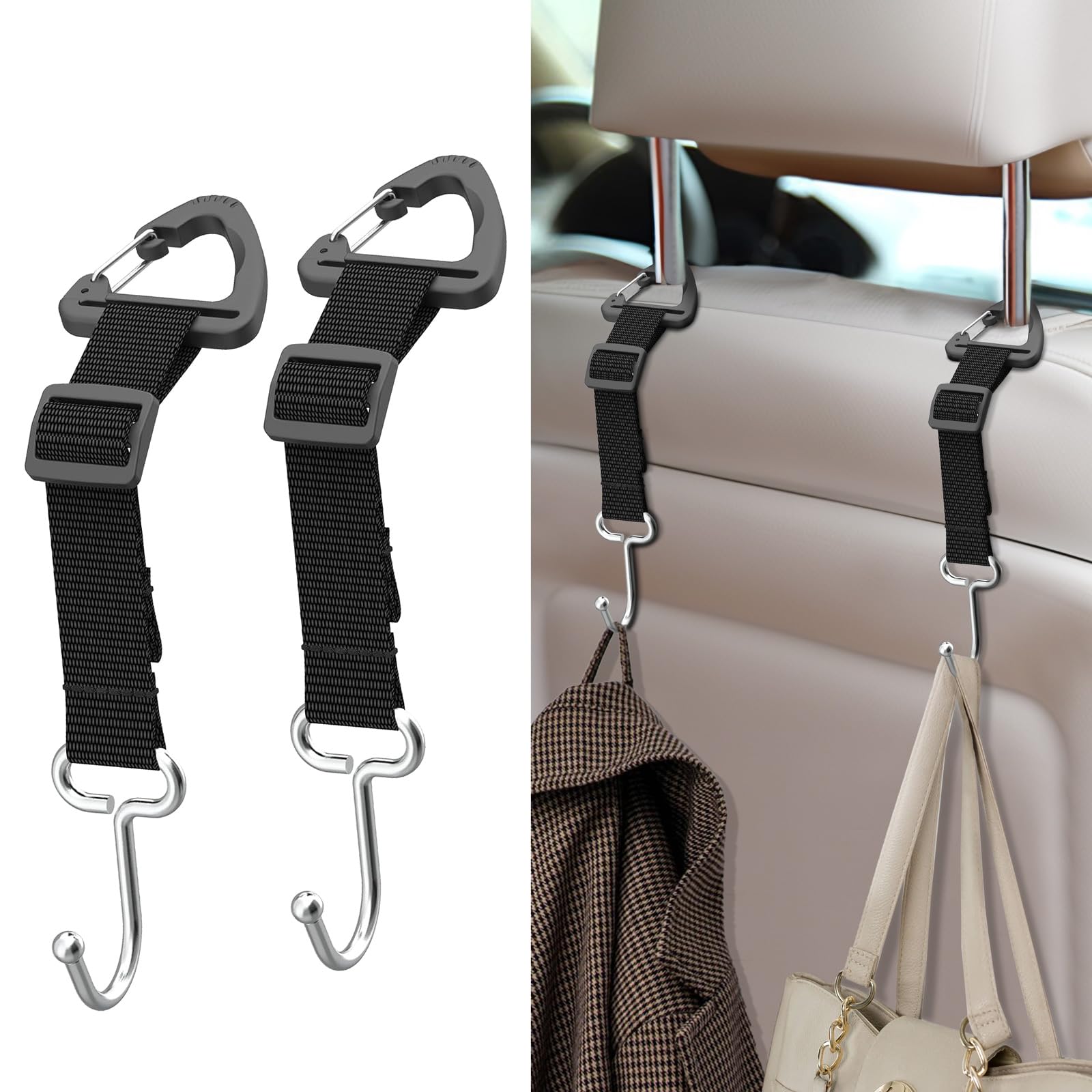 Car Purse Hook 2 Pack: Car Seat Headrest Hook Hanger for Purses and Bags, Adjustable Hidden Metal Storage Organizer Holder for Handbag Purse Coat fit Universal Vehicle, Max Load 100 lbs