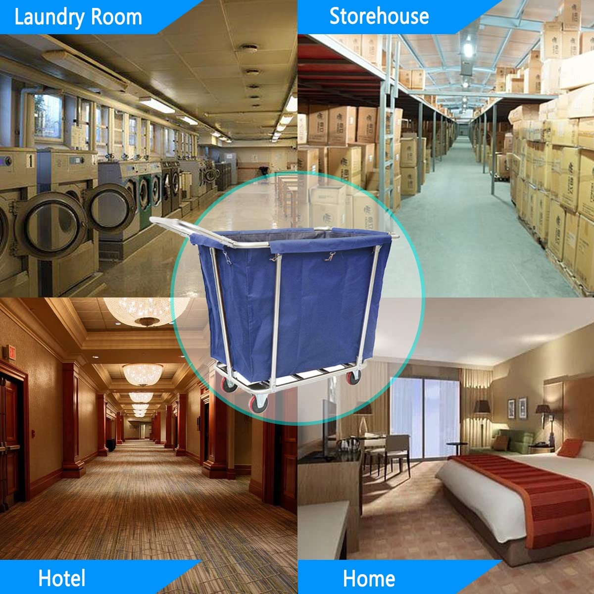 SDdPulse Carrito de lavandería de acero inoxidable resistente con ruedas – Cesta de lavandería comercial con bolsas extraíbles y asa – Cesta clasificadora móvil para uso doméstico y hotel, azul-C