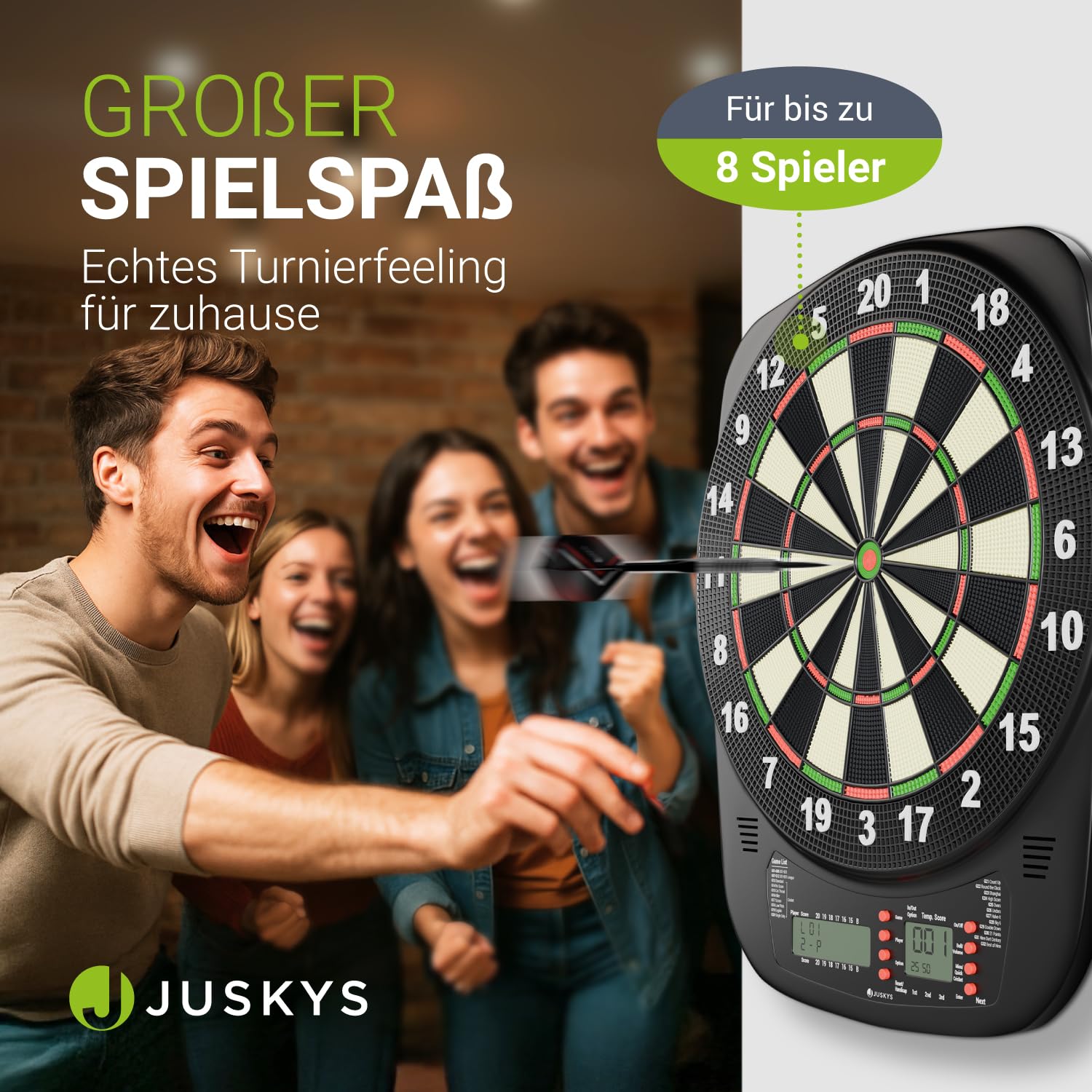 Juskys Elektronische Dartscheibe mit 32 Spielen & 359 Varianten, LCD-Display, USB-C, Pfeile & Zubehör, für bis zu 8 Spieler, Netz- & Batteriebetrieb