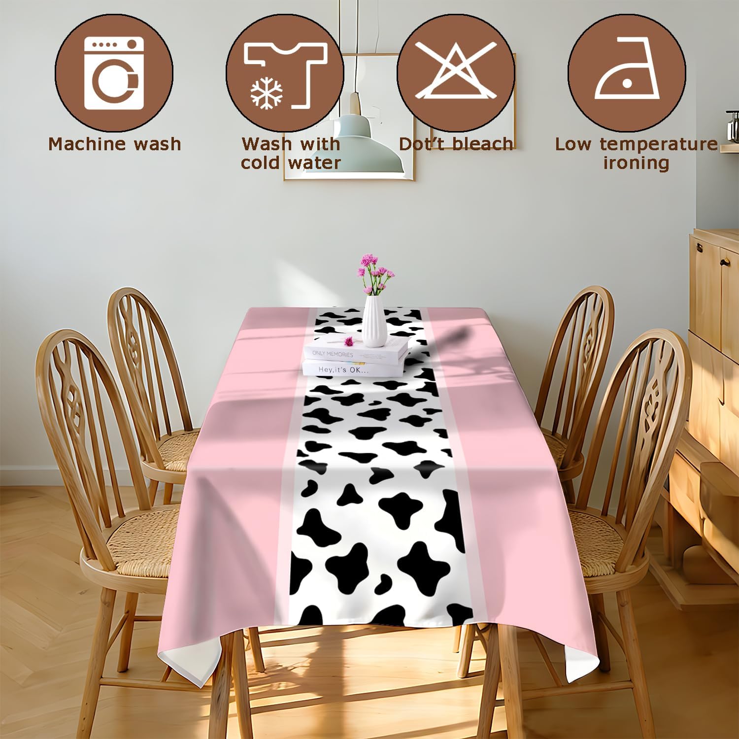 Reusable & Waterproof Rectangular Tablecloths for Kitchens, Parties, Birthdays, Patios, and Outdoor Events Decorations Pink Cow-Patterned Table Cloth,4FT/84 x 60 Inch