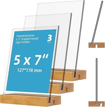 newnewshow 5"x7" Acrylic Sign Holder with Wood Base Wood Sign Holder Vertical or Slant Back Display for Store Office Wedding 3pack
