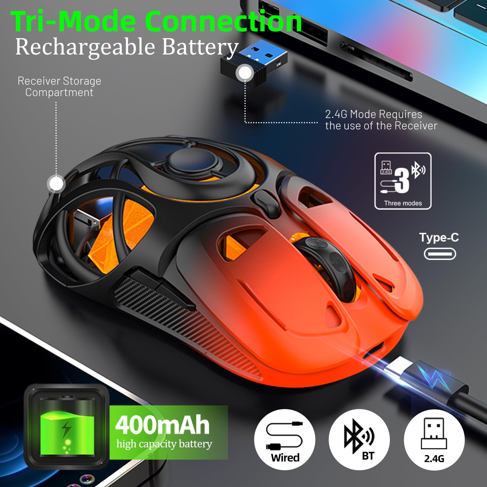 Mouse da gioco wireless fino a 10K DPI, mouse wireless Tri-Mode 2.4G/BT5.0/USB-C, 7 pulsanti programmabili, retroilluminazione RGB, mouse ergonomico ricaricabile per PC, Mac/laptop (arancione sfumato)