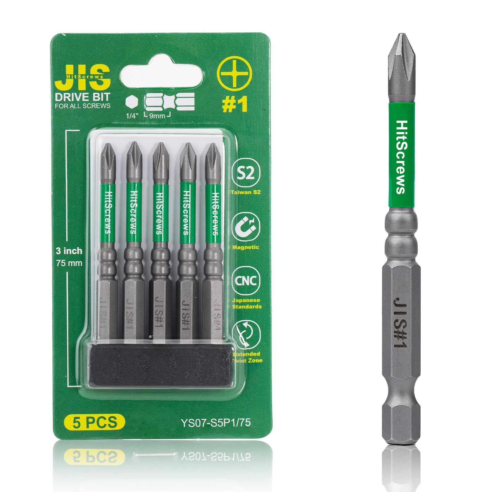 JIS Screwdriver #1 Magnetic Anti-Slip Impact Driver Bits 3"/75mm - 5 PCS