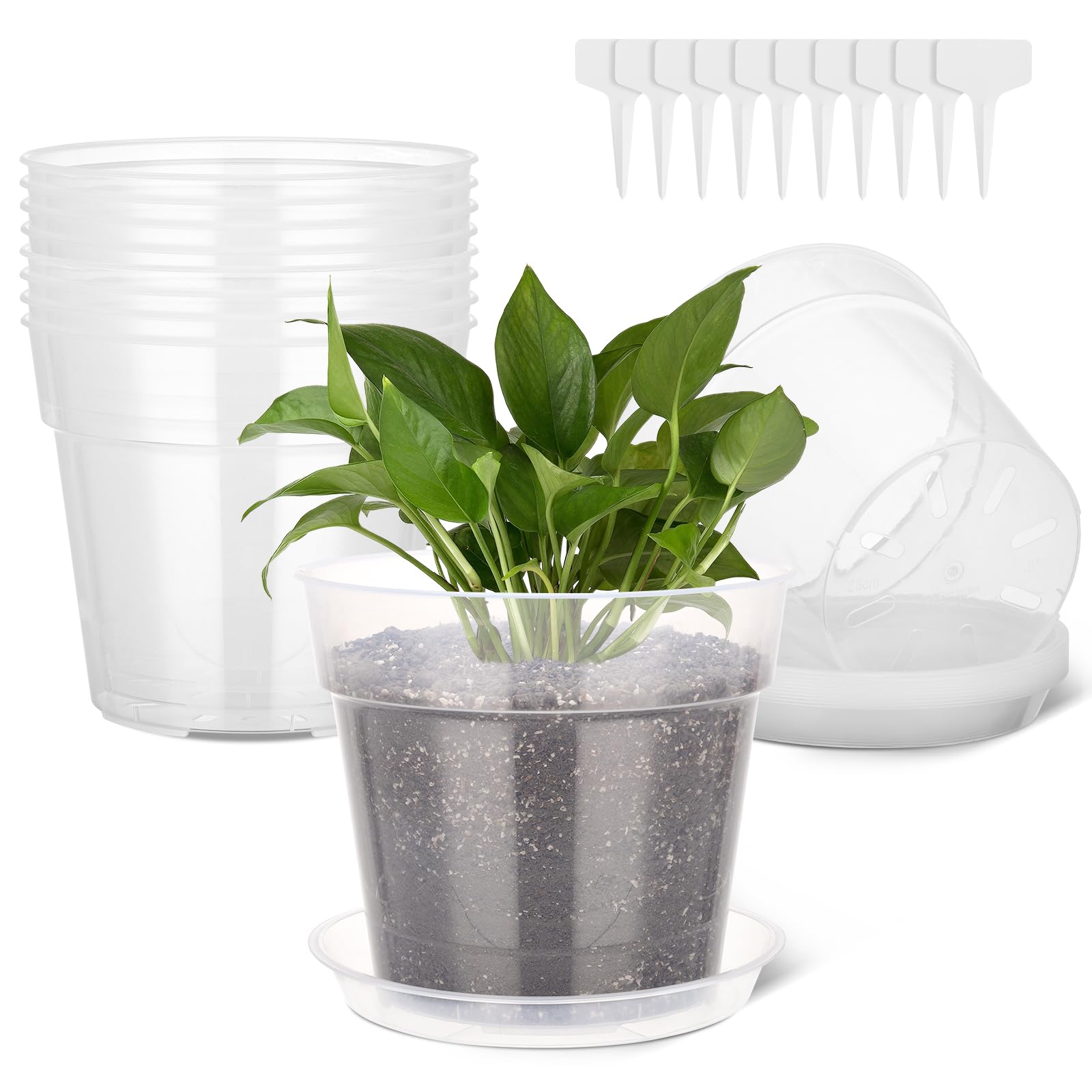 GREANER Lot de 10 pots de fleurs de 22,9 cm en plastique transparent avec soucoupes, pots de fleurs durables pour plantes d'intérieur, herbes, fleurs et cactus avec 10 étiquettes pour plantes