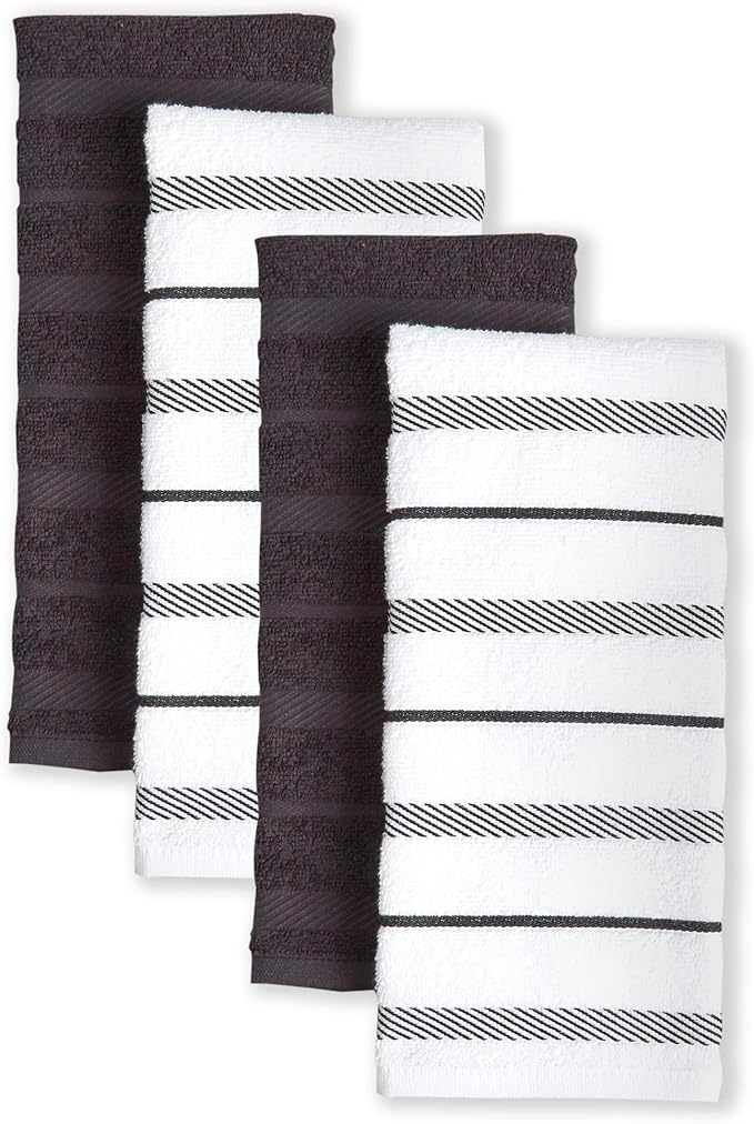 KitchenAid Albany Kitchen Towel 4-Pack Set, Matte Black/White, 16"x26"