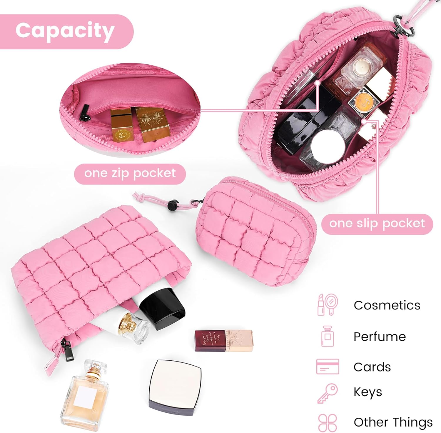 Quilted Makeup Bag and Zip Card Pouch Key Chain Puffer Cosmetic Bag Travel Cute Makeup Bag Organizer Mini Coin Purse - Image 5