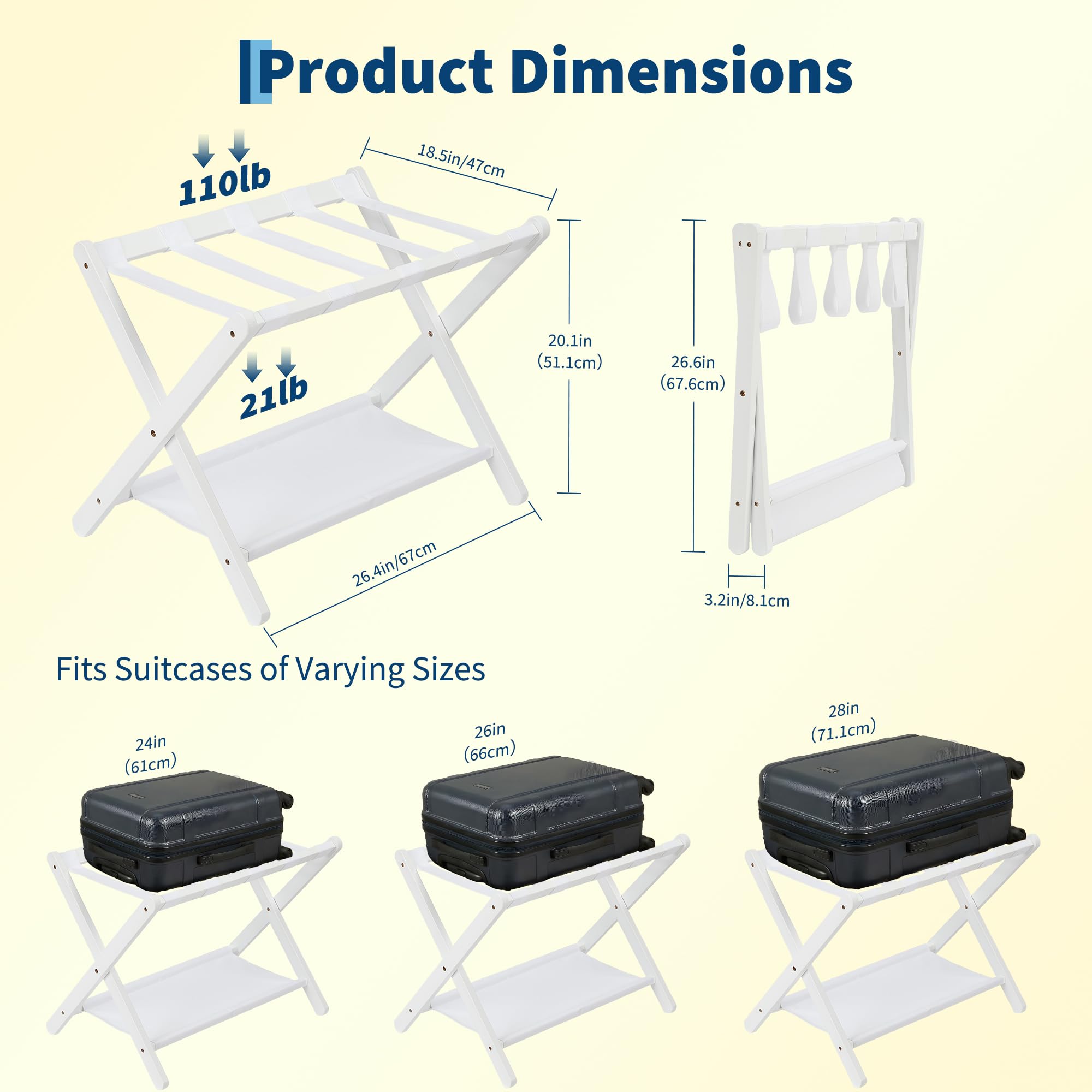 Bambus Gepäckablage Weiß 2er Set, Faltbarer Kofferständer mit Stoffablage für Gästezimmer, Klappbarer Gepäckträger mit Ablagefach, Gepäckständer 67x47x51cm 5,6kg