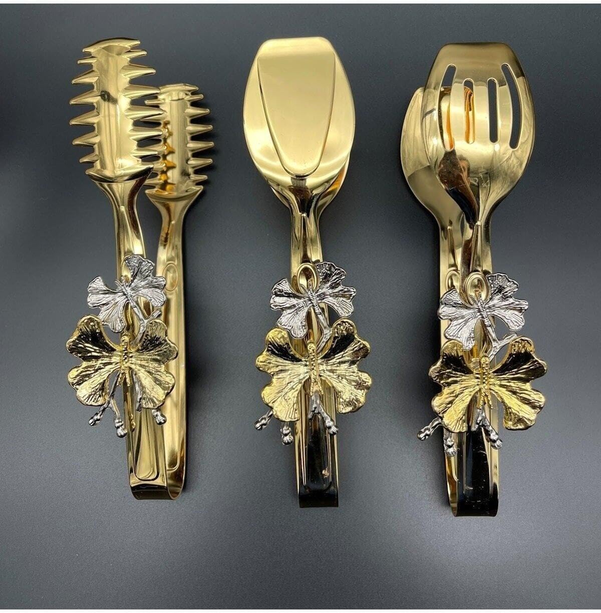 Serving Tongs Set 3-Piece Titanium Coated Stainless Steel Gold Butterfly Design for Salad, Appetizers, Dessert, Buffet - Gold
