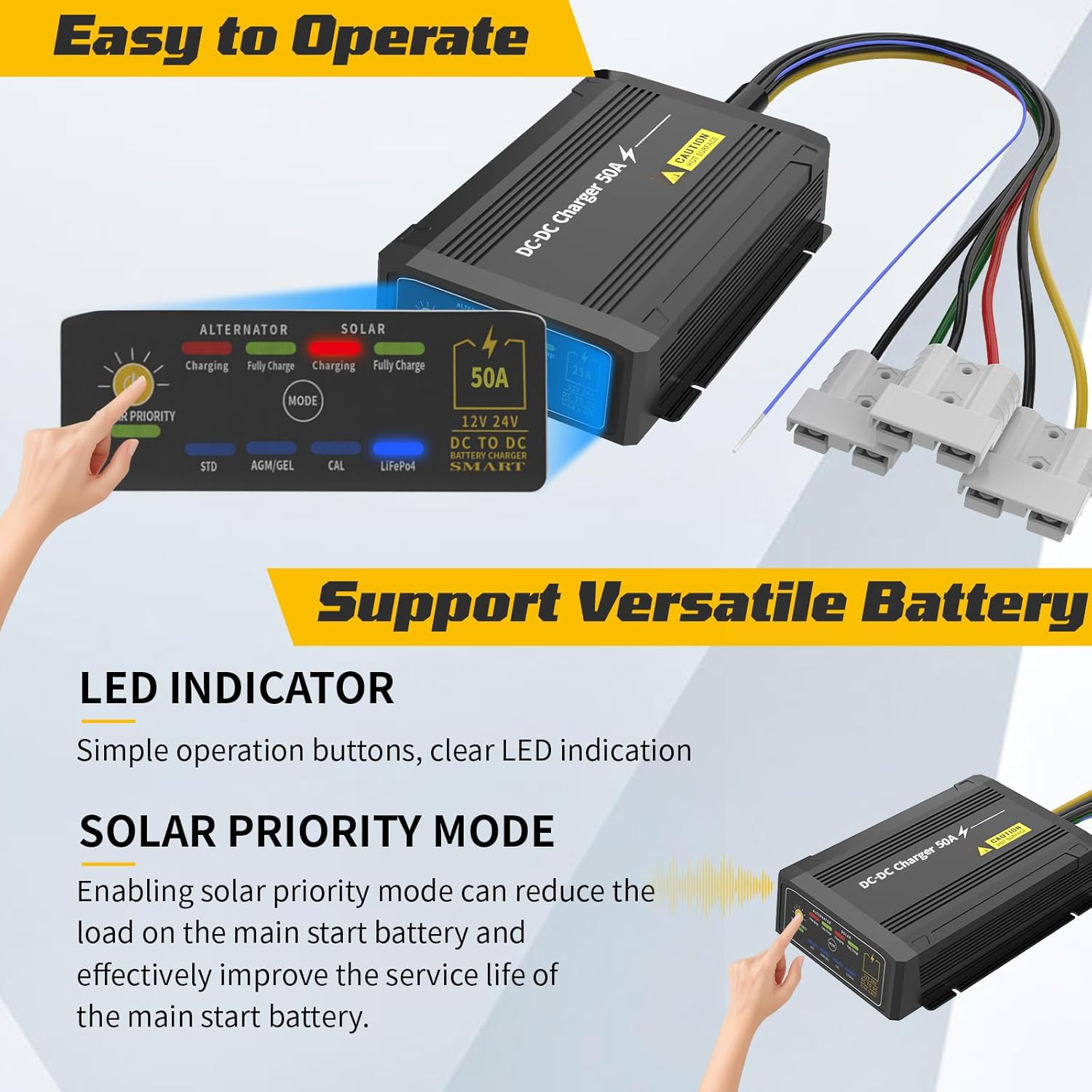 12V 50A DC to DC Charger with MPPT, IP68 Waterproof Smart On-Board Battery Charger with Anderson Plug Solar and Alternator Dual Input Fits for LiFePO4, AGM, STD,Gel, Cal