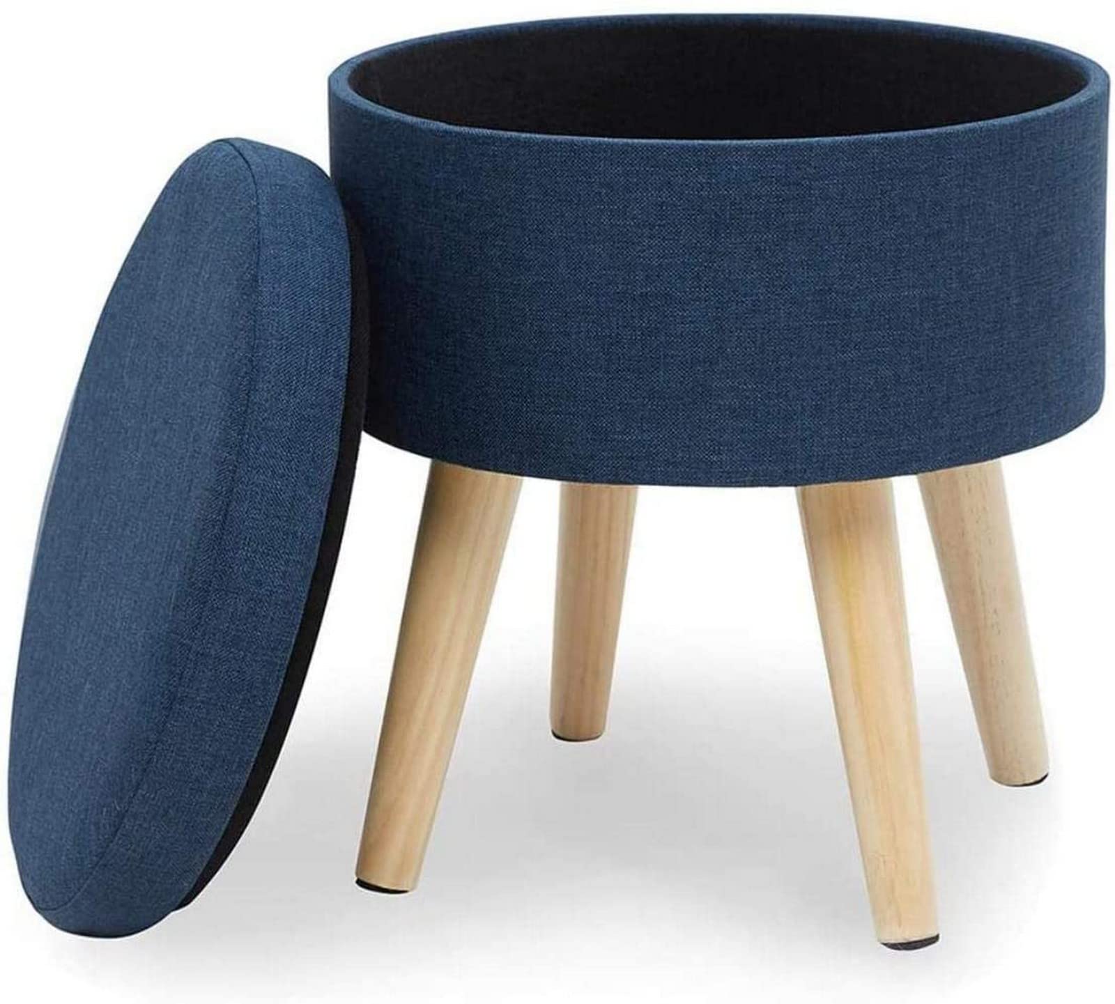 Repose-pieds tabouret rond en lin bleu et bois pour salon