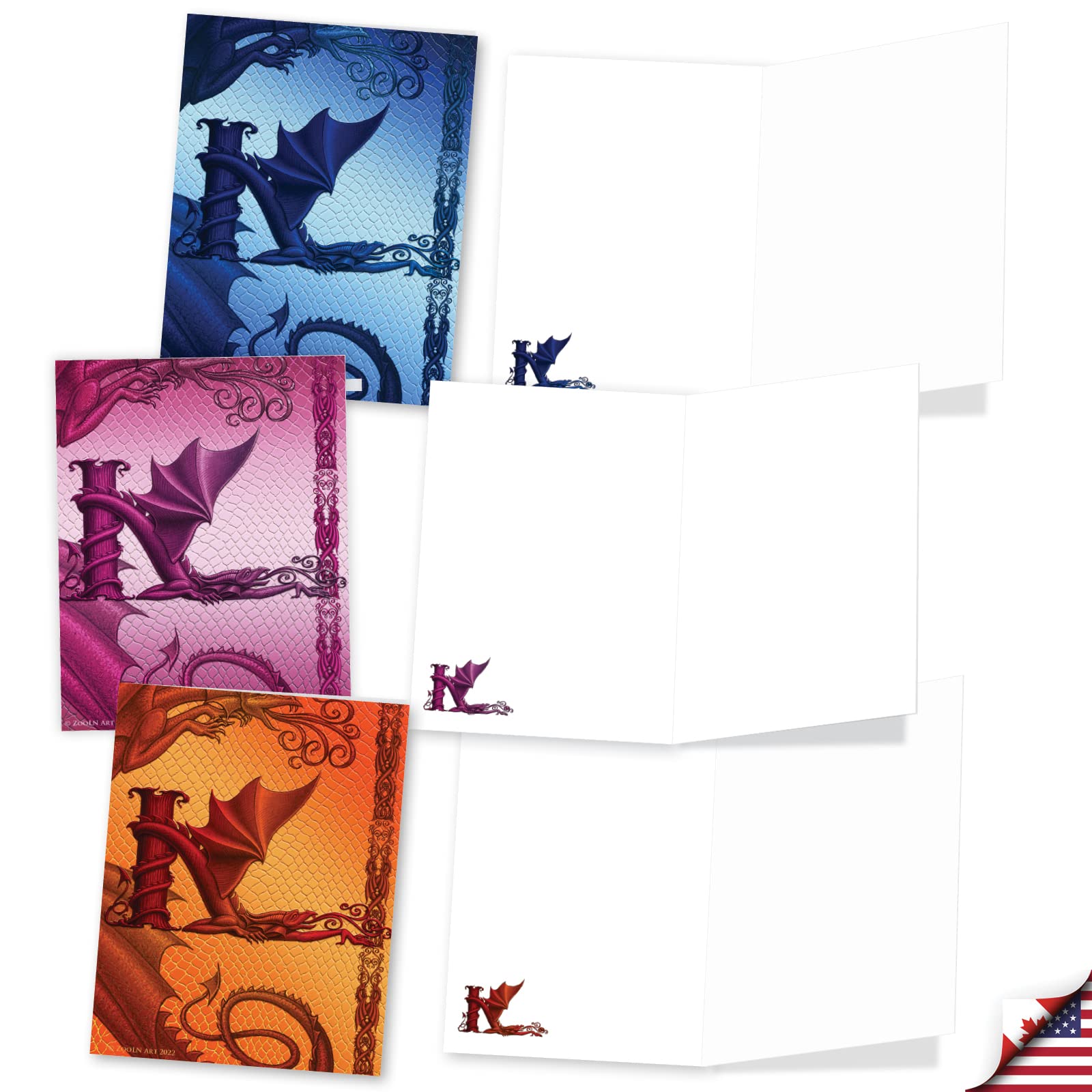 The Best Card Company - 20 Assorted Colored Monogram Blank Notecards, Personal Stationary Bulk Box Set 4 X 5.12 Inch W/Envelopes, Miss You And Just Because Notes - Dragon Initials L AM10317OCB-B2x10