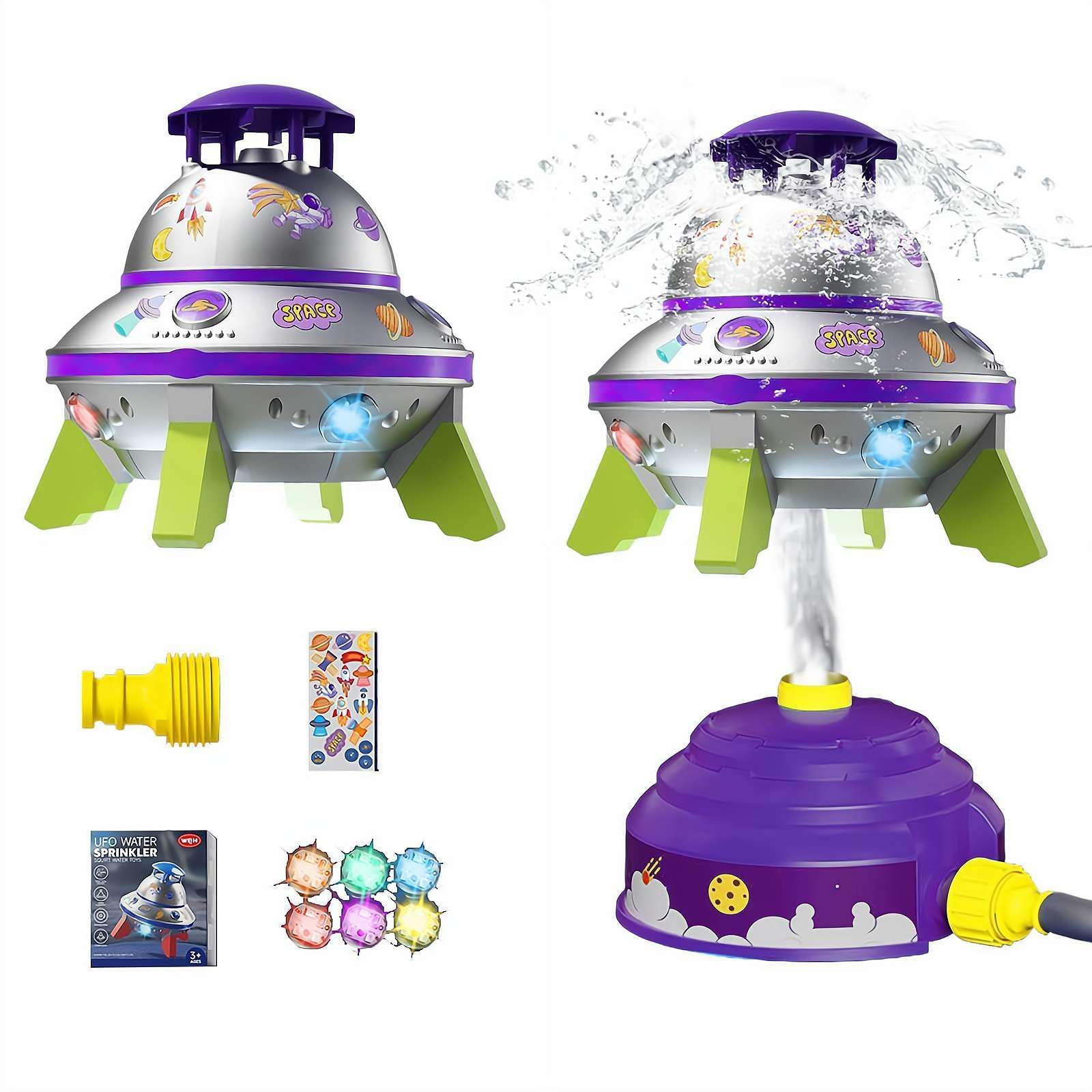 360° Rotating UFO Kids Water Sprinkler Toy, LED Lighted Outdoor Hose Sprinkler with DIY Stickers, Fun Summer Water Play Toy for Backyard Garden, Ideal for Birthday & Holiday (Pueple)