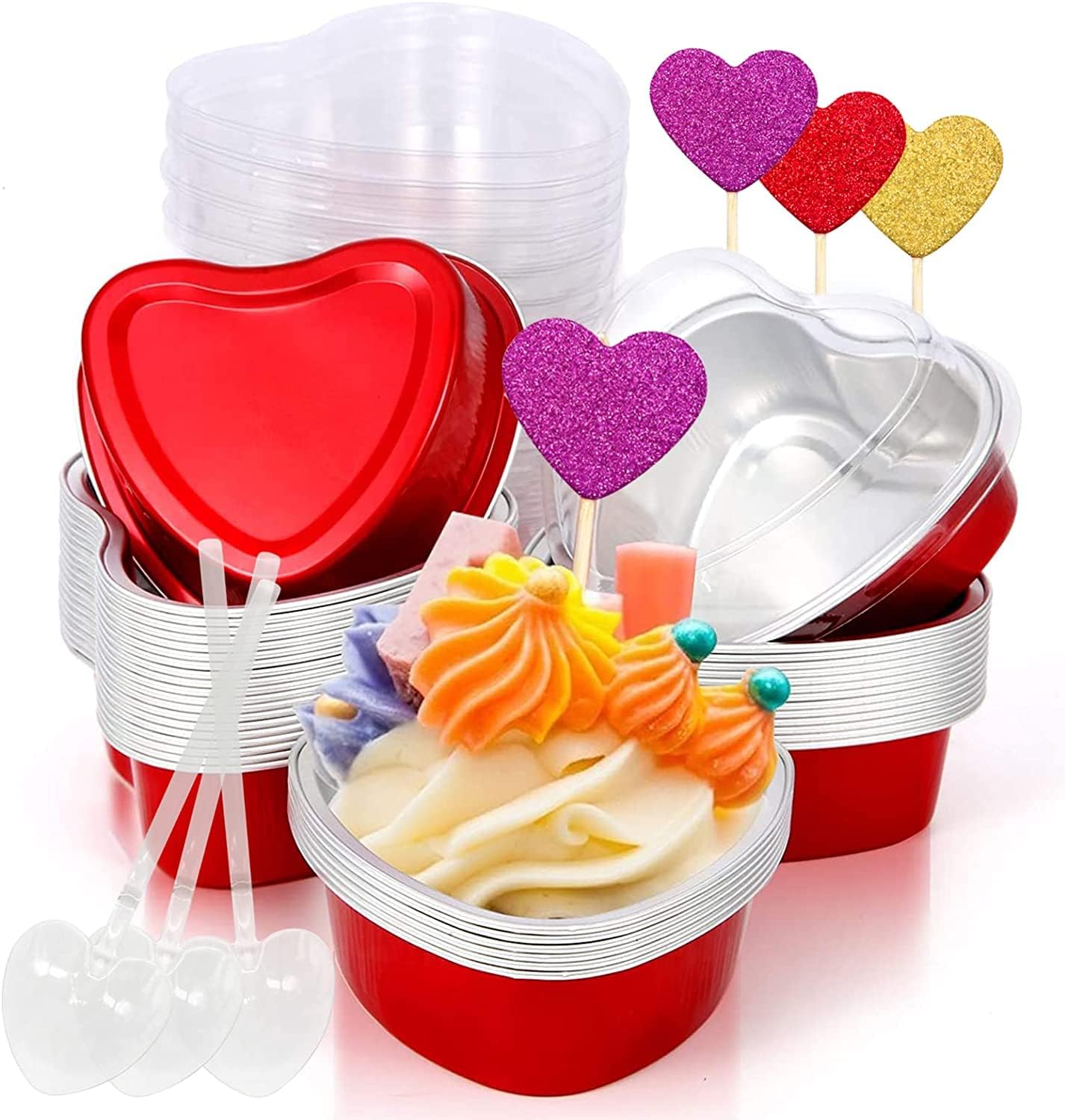50Pcs HeartShaped Mini Cake Pan Aluminum Cake Cup with Lid