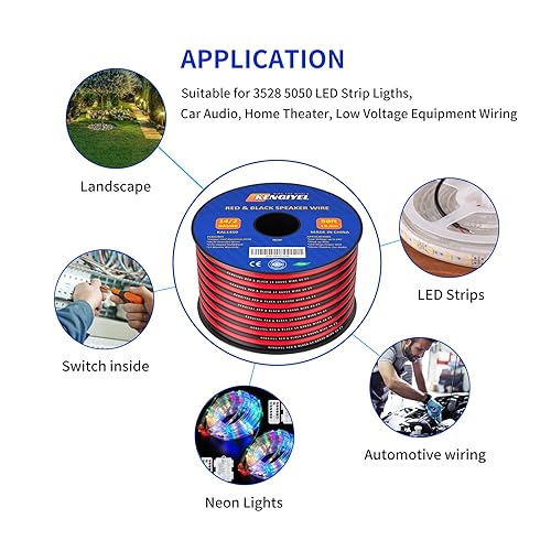 Miniatura 5 de Cable de altavoz de calibre 14 de 50 pies, 2 conductores, conexión de cable rojo y negro, tiras de iluminación LED, cable de extensión de cable