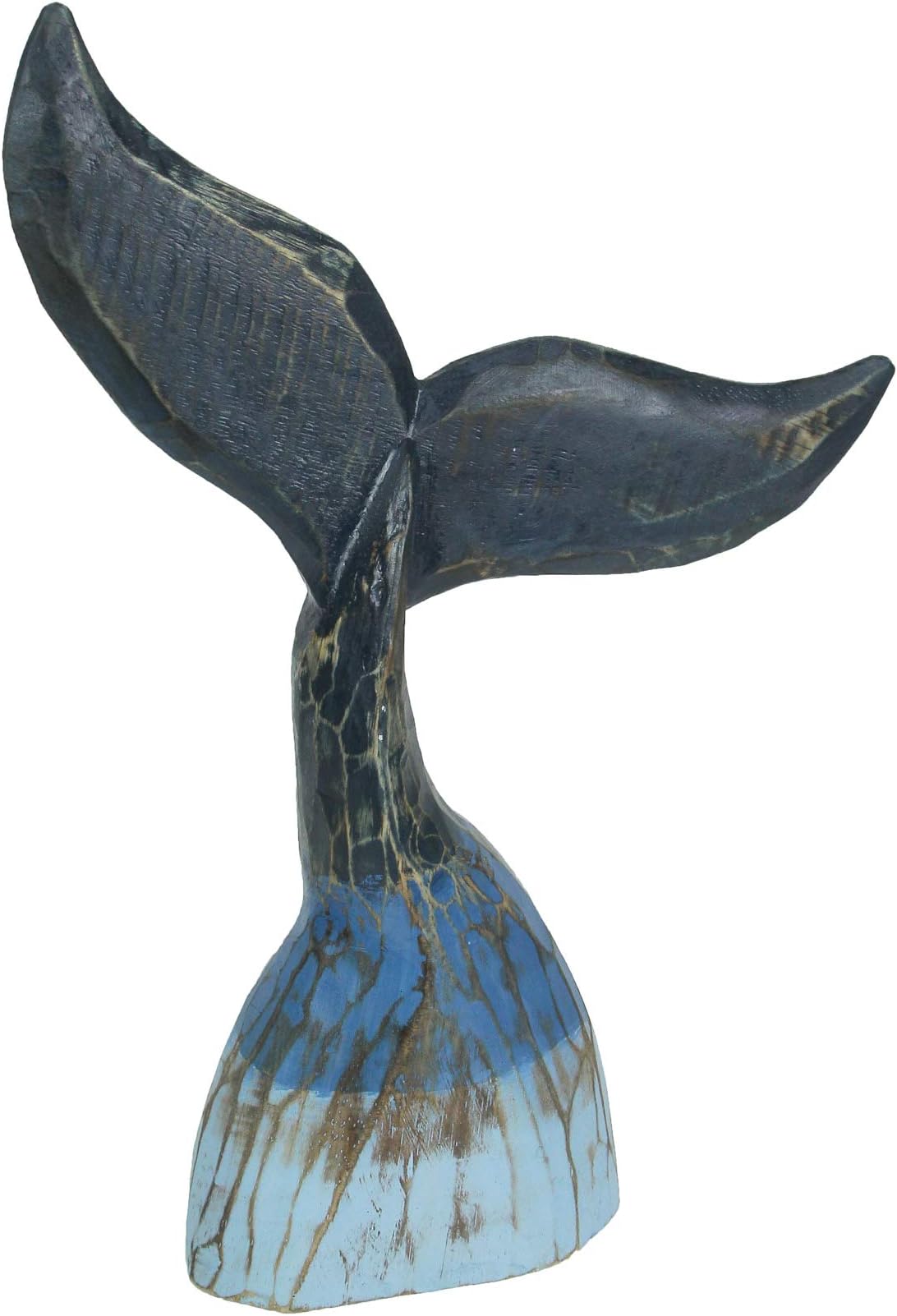 Coastal Blue Carved Wooden Whale Tail Tabletop Statue 16 Inches High