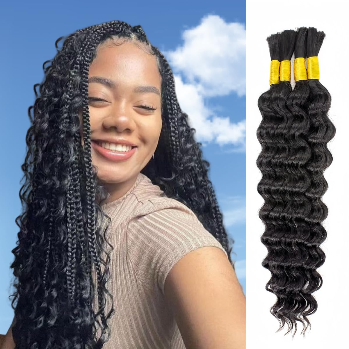 Human Braiding Hair for Boho Braids, 24 Inch 50g Deep Curly Wave Bulk Human Hair Bundles for Braiding, No Weft Braiding Human Hair Extensions