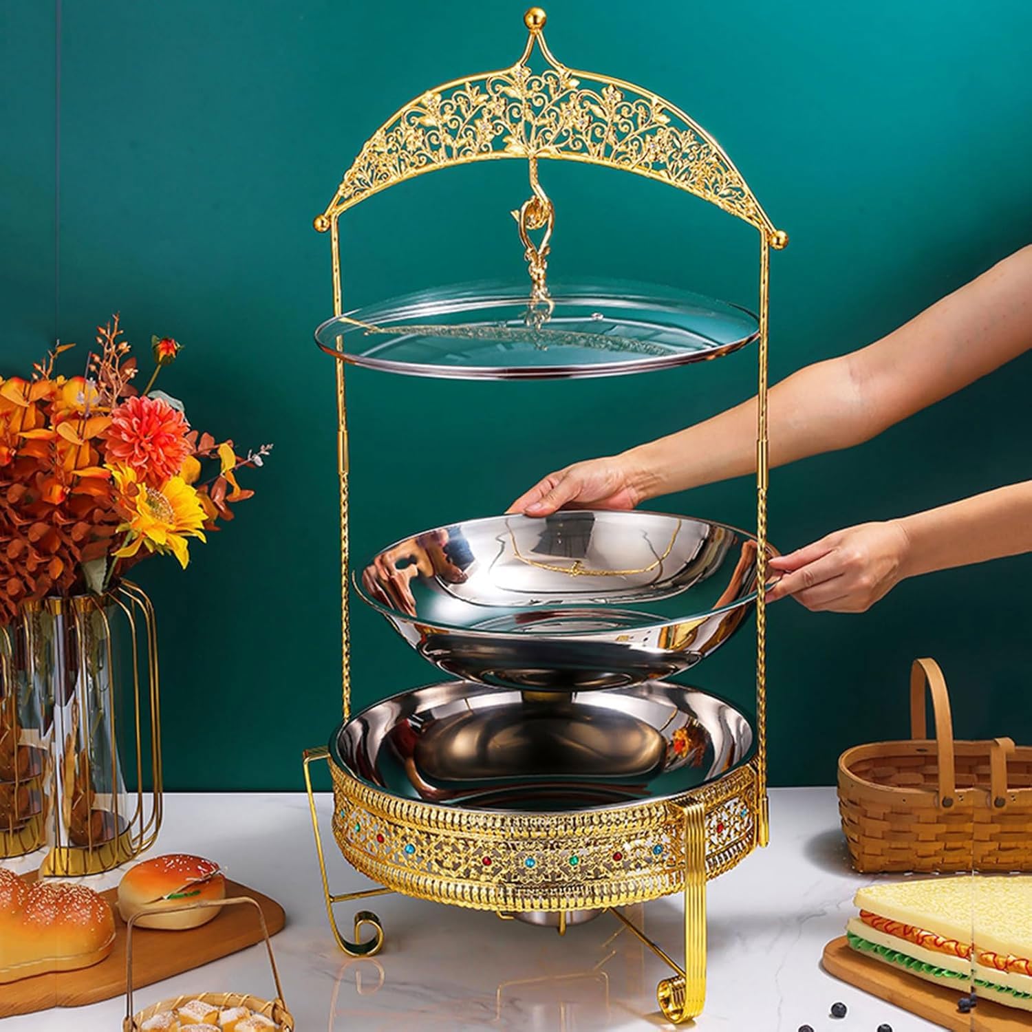 JOSBY Juego de Calentador de Comida Buffet de 8 litros, sartén de Acero Inoxidable con Tapa Colgante, Juego de Buffet de Lujo con Estufa de Combustible, Utensilios de Buffet y Equipo Calentador