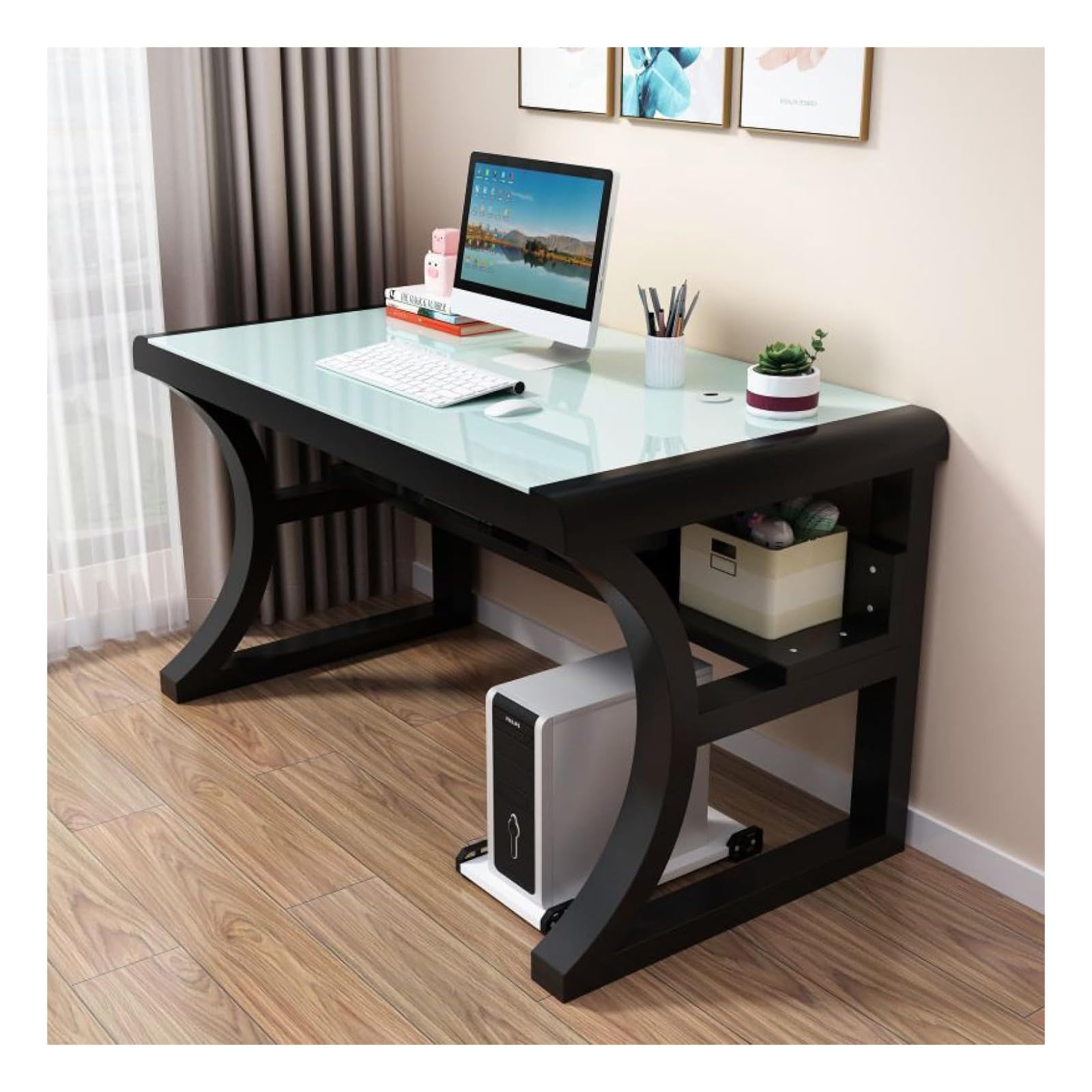 Wdsopk White2 Computer Desk Home Office Desk Tempered Glass Computer Desk, Modern Simple Computer Desk With Storage Shelves,Modern Student Study Table, Workstation（-120X60x75cm）