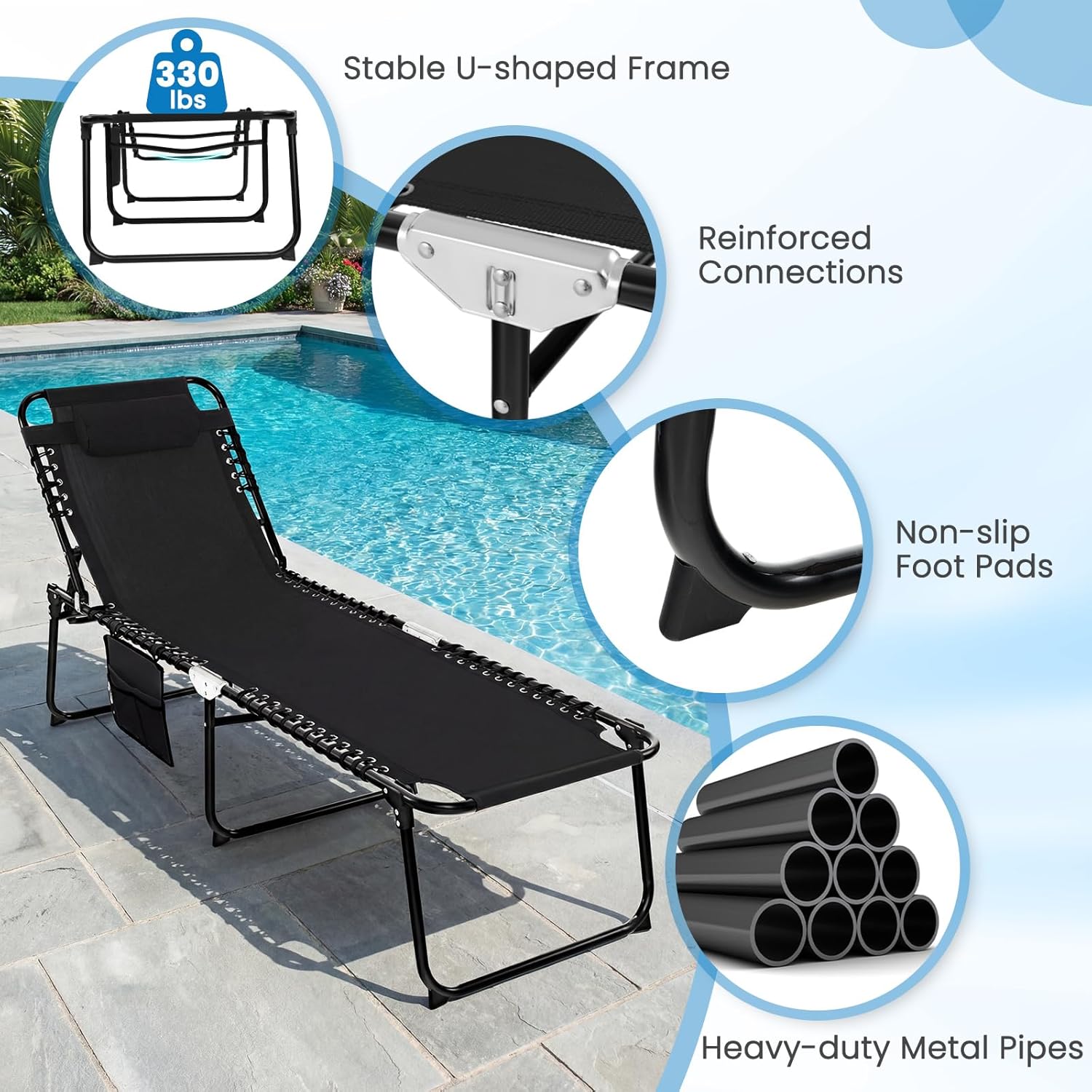 GYMAX Lounge Chairs for Outside, Extra High Folding Beach Tanning Lounger with Adjustable Backrest, Footrest & Removable Pillow, Sunbath Lounge for Patio, Lawn, Poolside (1, Black with Side Pocket)