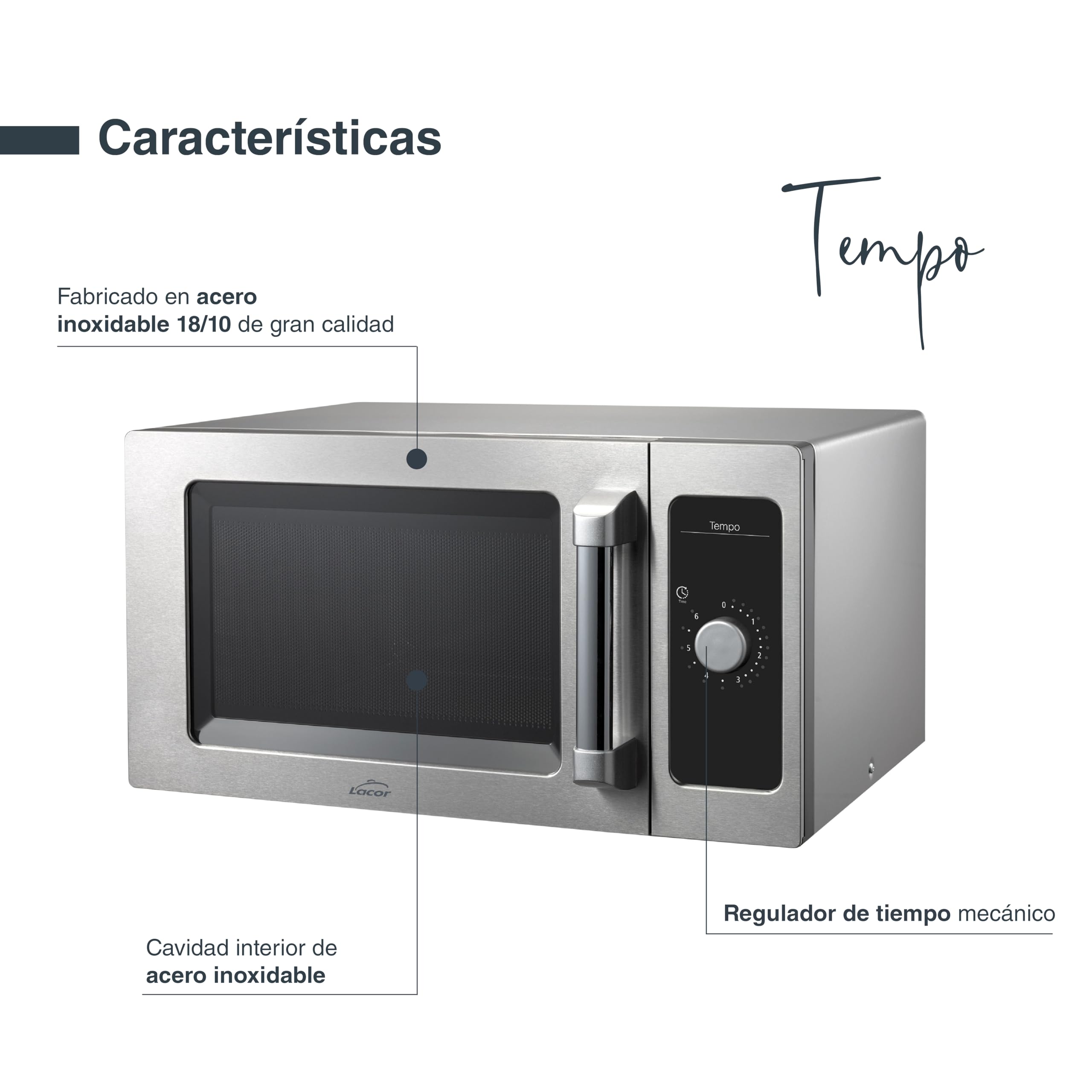 Lacor - 69329 - Microondas Tempo, Acero Inoxidable 18/10, Calentamiento Homogéneo, 1550 W, Uso Profesional, Cavidad Interior de Acero Inoxidable, Apto para Platos Grandes, 51x43x31 cm