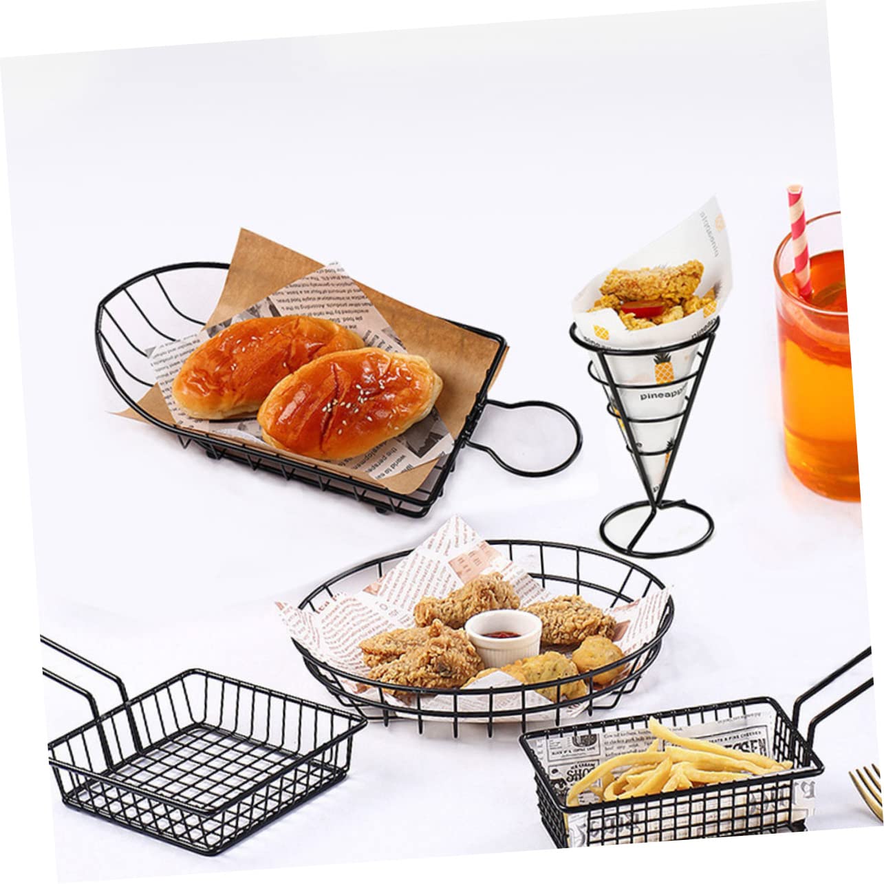 BRIGHTFUFU French Fries Cone Holder Snack Basket Black Stainless Steel Hotel Tableware Fries Holder