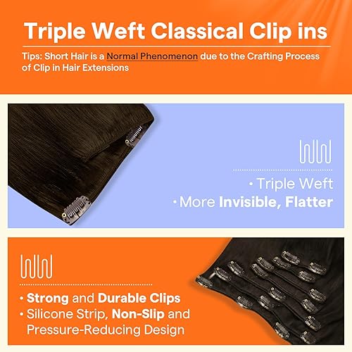 Miniatura 5 de Full Shine - Extensiones de clip de cabello humano Remy - Extensiones invisibles doble capa - Castaño oscuro - 7piezas, 20pulgadas, 4.2onzas