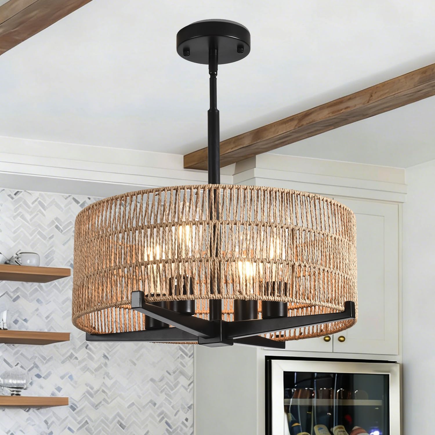 4-Light Boho Light Fixtures 17.7" Rattan Pendant Light Rustic Farmhouse Chandelier for Dining Flush Mount Ceiling Hanging Light Fixture for Hallway Entryway Kitchen Island