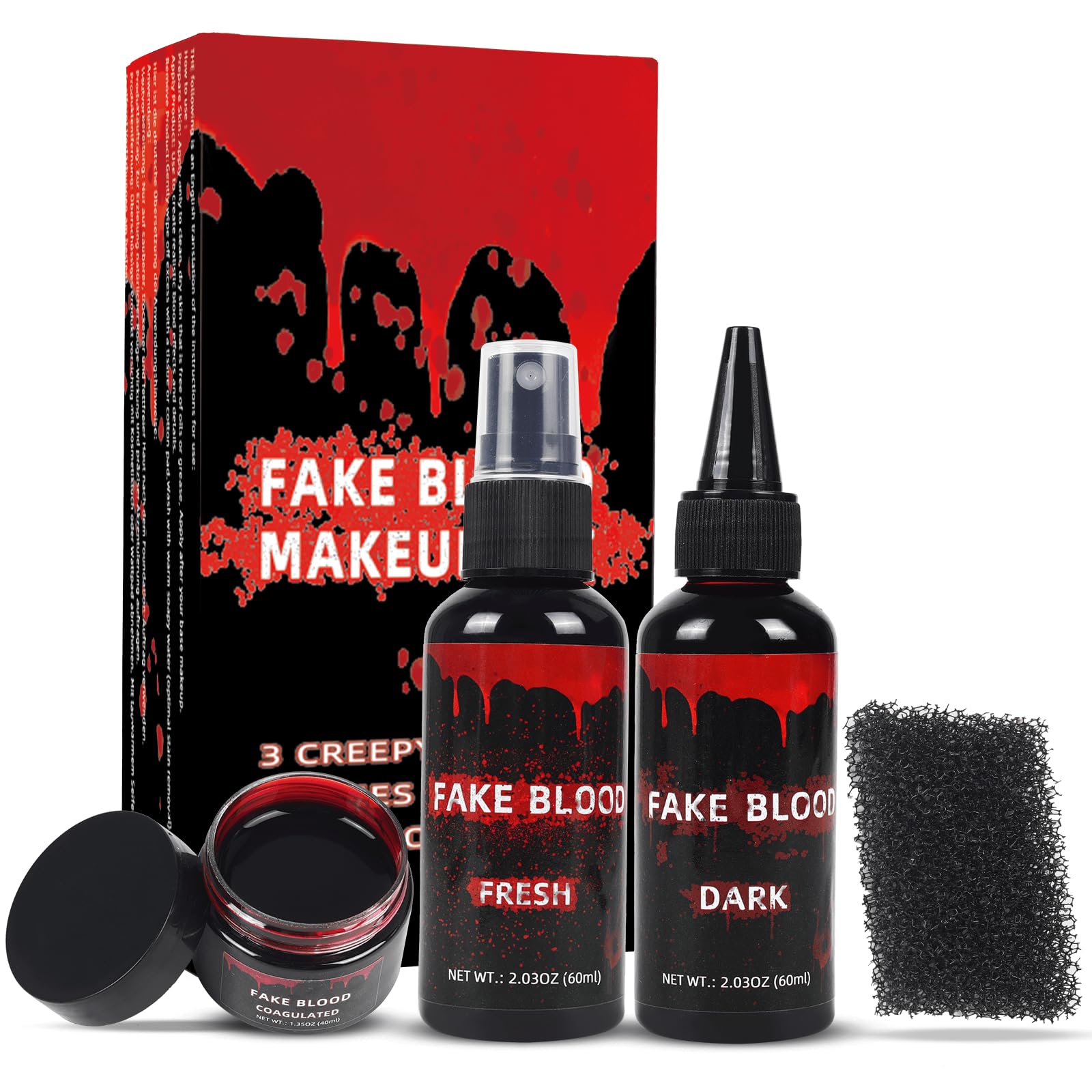 3PCS Halloween Fake Blood Makeup Kit, Fake Blood Dripping 2.03oz + Spray 2.03oz + Coagulated 1.35oz, Realistic Washable Fake Blood for Zombie Monster Mouth Clothes Vampire Cosplay & Dress Up