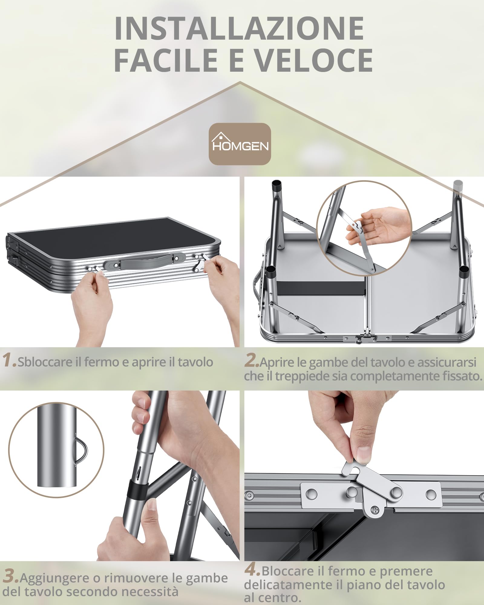 HOMGEN Tavolo da Campeggio Pieghevole 58x40cm Tavolino da Giardino in Alluminio con 3 Altezze Regolabili (25/47/70 cm) Tavolo da Picnic Regolabile Piano in MDF per Giardino/Picnic/Spiaggi/BBQ -Argento