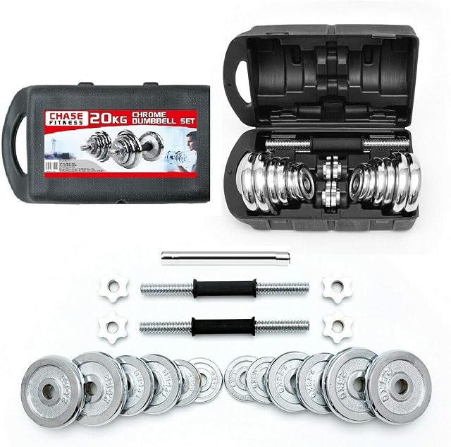 Chase Fitness Chrome Cast Iron Dumbbells Barbell 20kg Weight Set