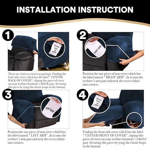 Vista 19 de PrinceDeco Funda para silla reclinable, fundas elásticas de terciopelo para sofá reclinable, estilo de 4 piezas, fundas para sillas reclinables